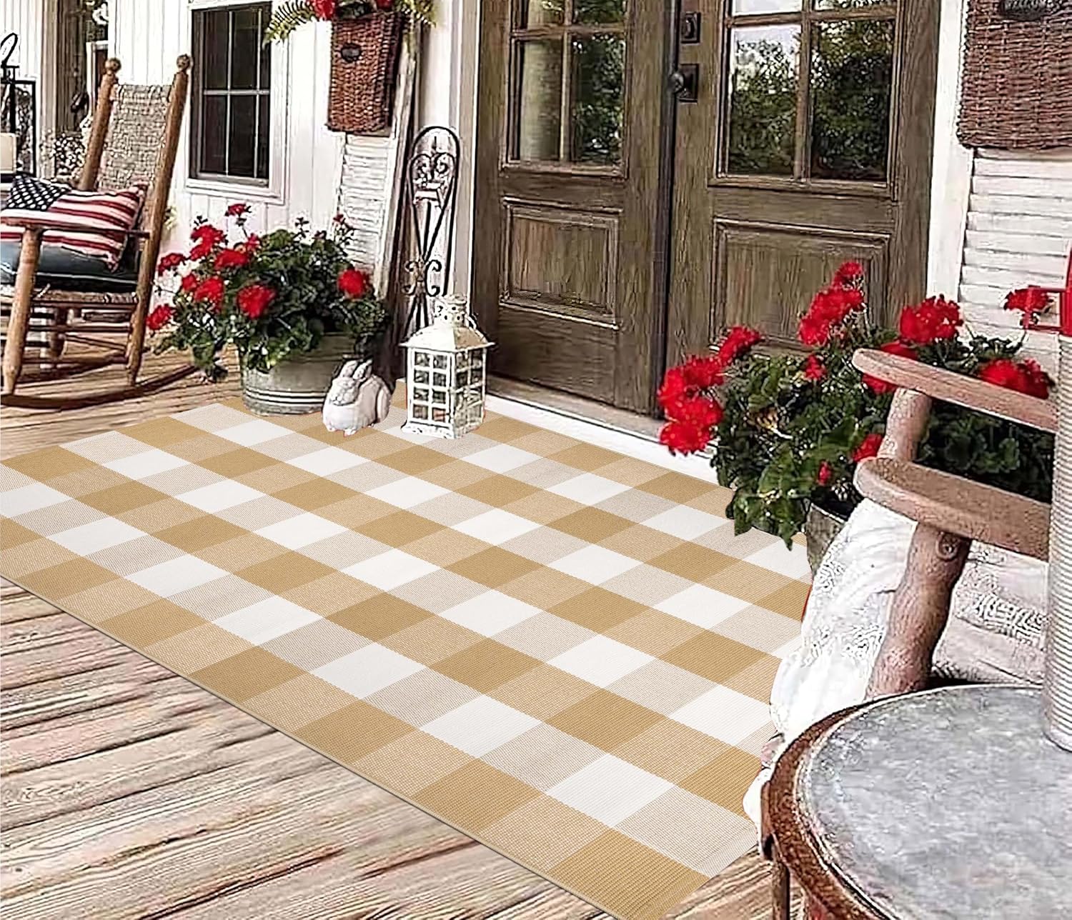 3' x 5' Outdoor Rug, Checkered Washable Rug Khaki and White Front Porch Rug Washable Front Door Mat Outdoor for Hello Welcome Mat, Bedroom, Entryway, Patio