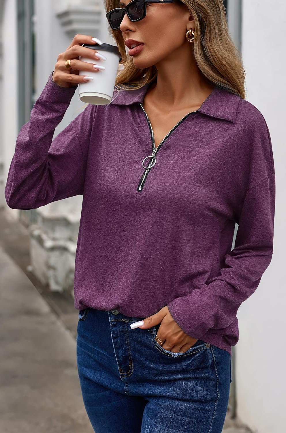 Halife Womens Zip Neck Shirt Long Sleeve Blouses for Women Dressy Casual Cotton Ladies Tops to Hide Tummy Trending Womens Clothes Purple Shirt XL - Image 4