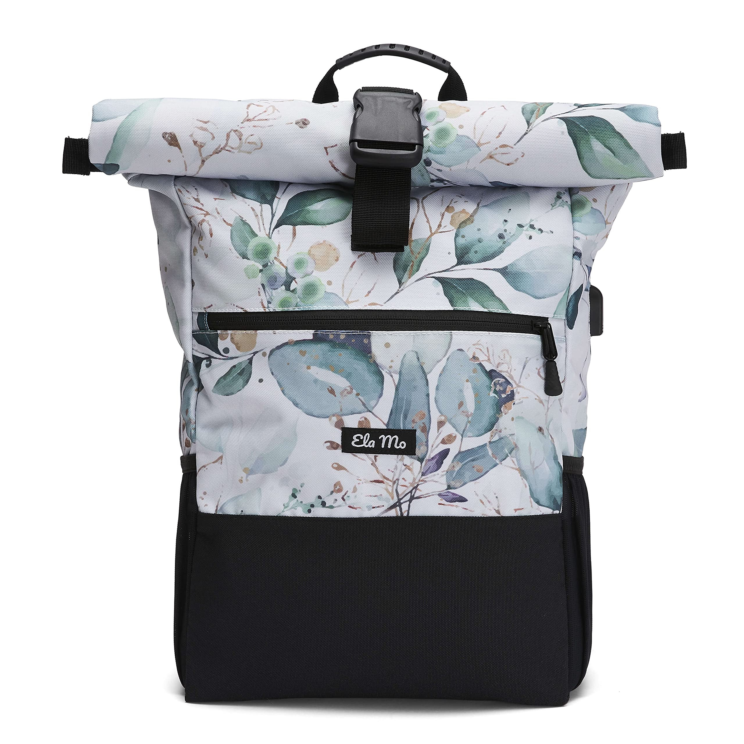 Ela Mo Rucksack Damen - Rolltop schön u. durchdacht - Laptop Rucksäcke für Frauen - Anti Diebstahl Tasche für Schule, Uni, Business (Waterleaf Gold)