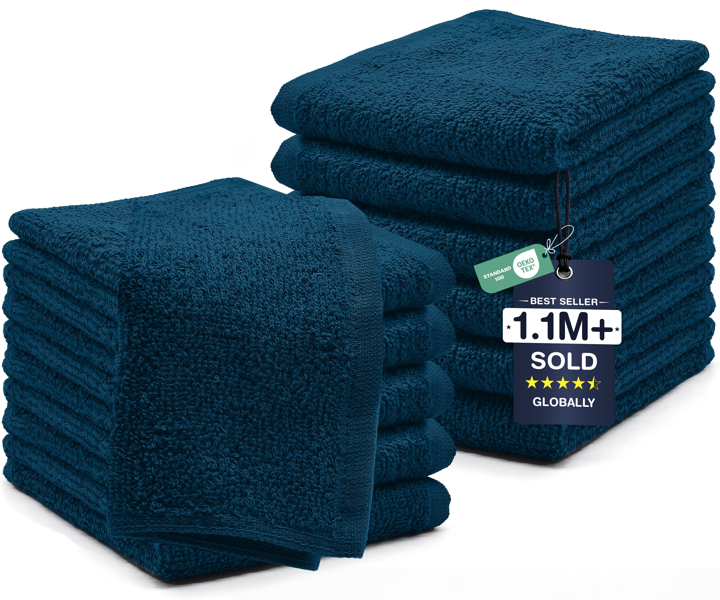 DAN RIVER 12 Pack Cotton Wash Cloths Set for Showering [12x12] Opal Blue