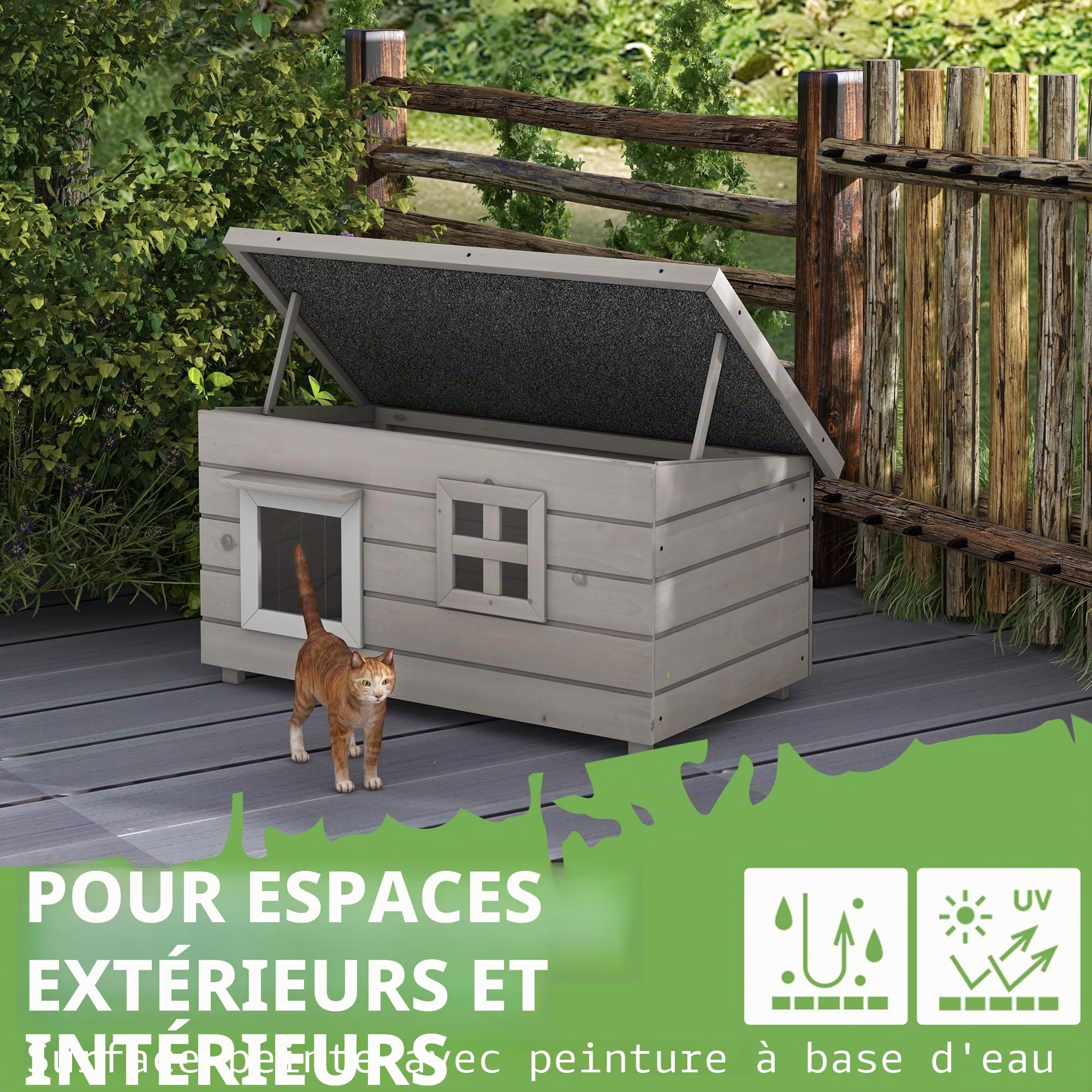 PawHut Maison en bois extérieure pour chat, toit ouvrant 87x52x44 cm Gris