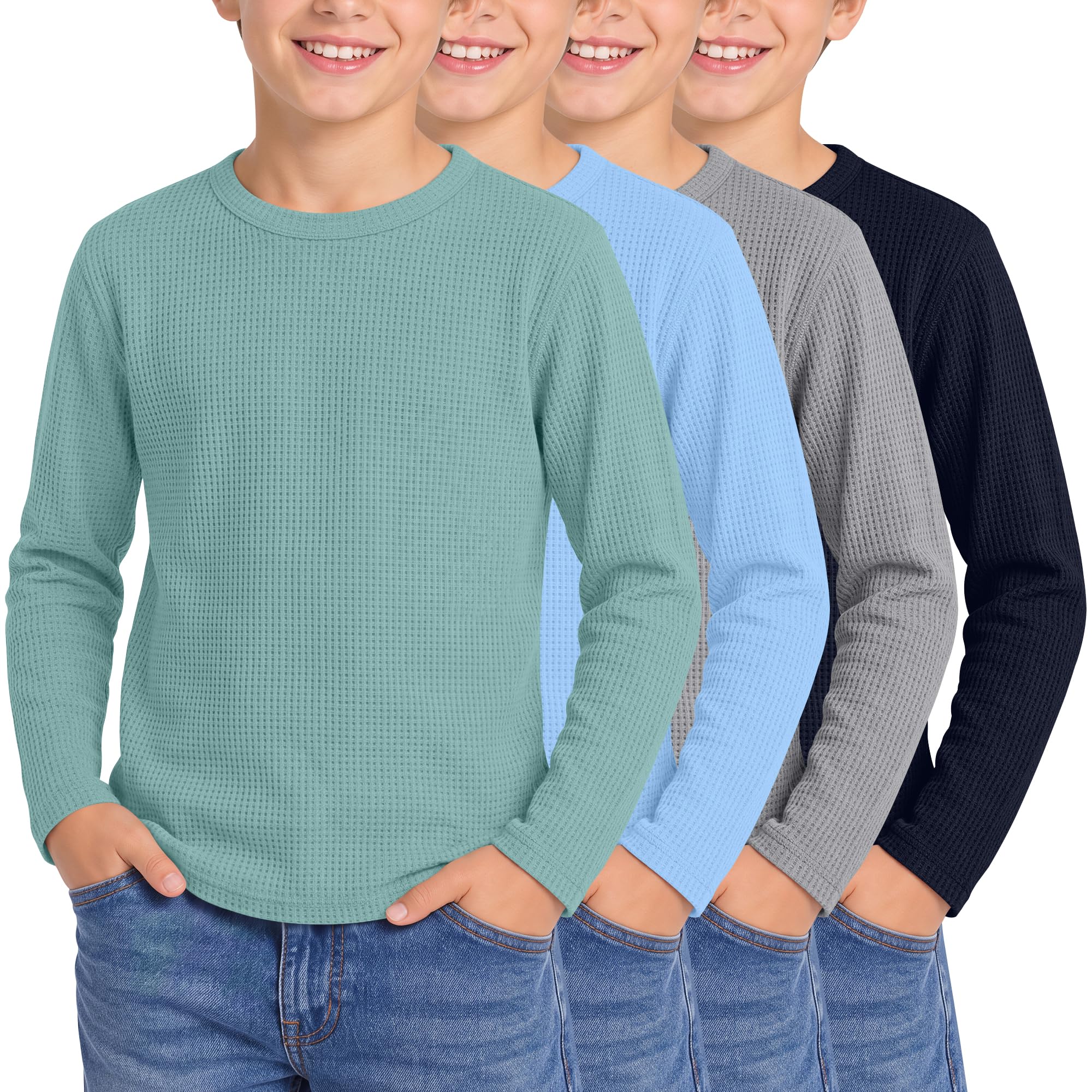 4 Pack Boys Long Sleeve Waffle Knit Thermal Shirts
