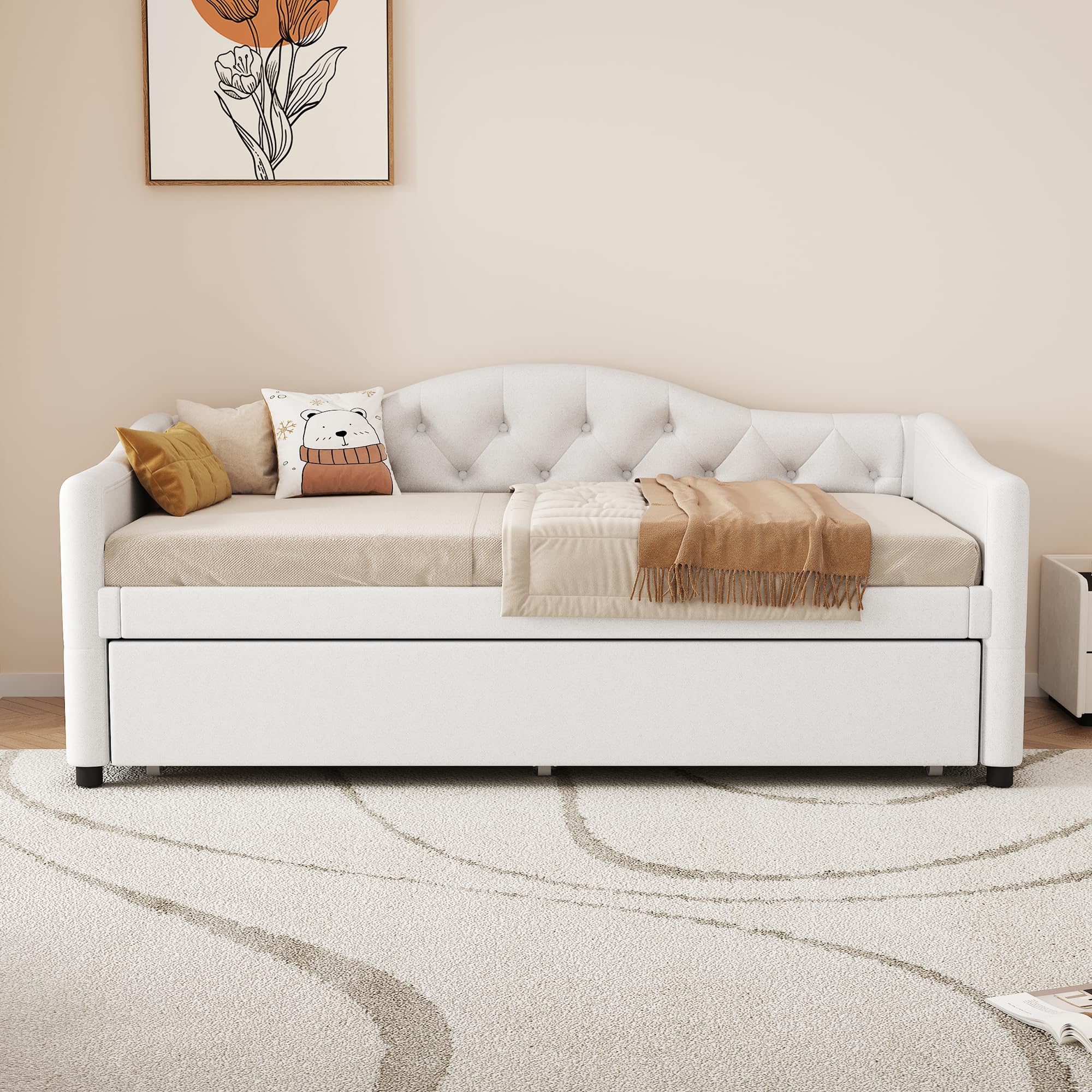 Letto giornaliero, 90 x 200 cm, con letto estraibile, divano letto, letto singolo (senza materasso), lino, stile minimalista (beige)