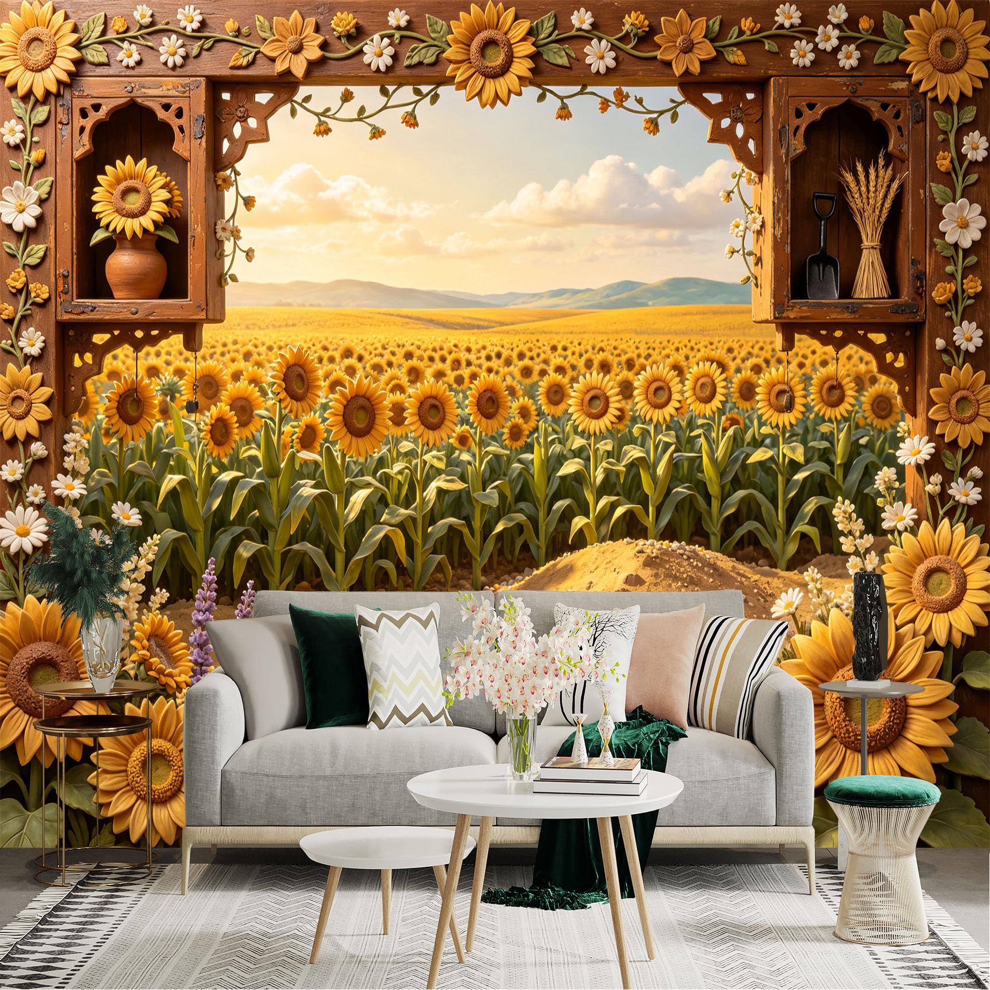 Lnzczhyre Bh260719244 Custom Size Wall Sticker Mural， Sunflower Field Scenery， Rustic Wood Window Frame， Vibrant Floral Meadow， Sunny Farm Landscape， For Wall Decoration， Peelandstick Wall Decals.