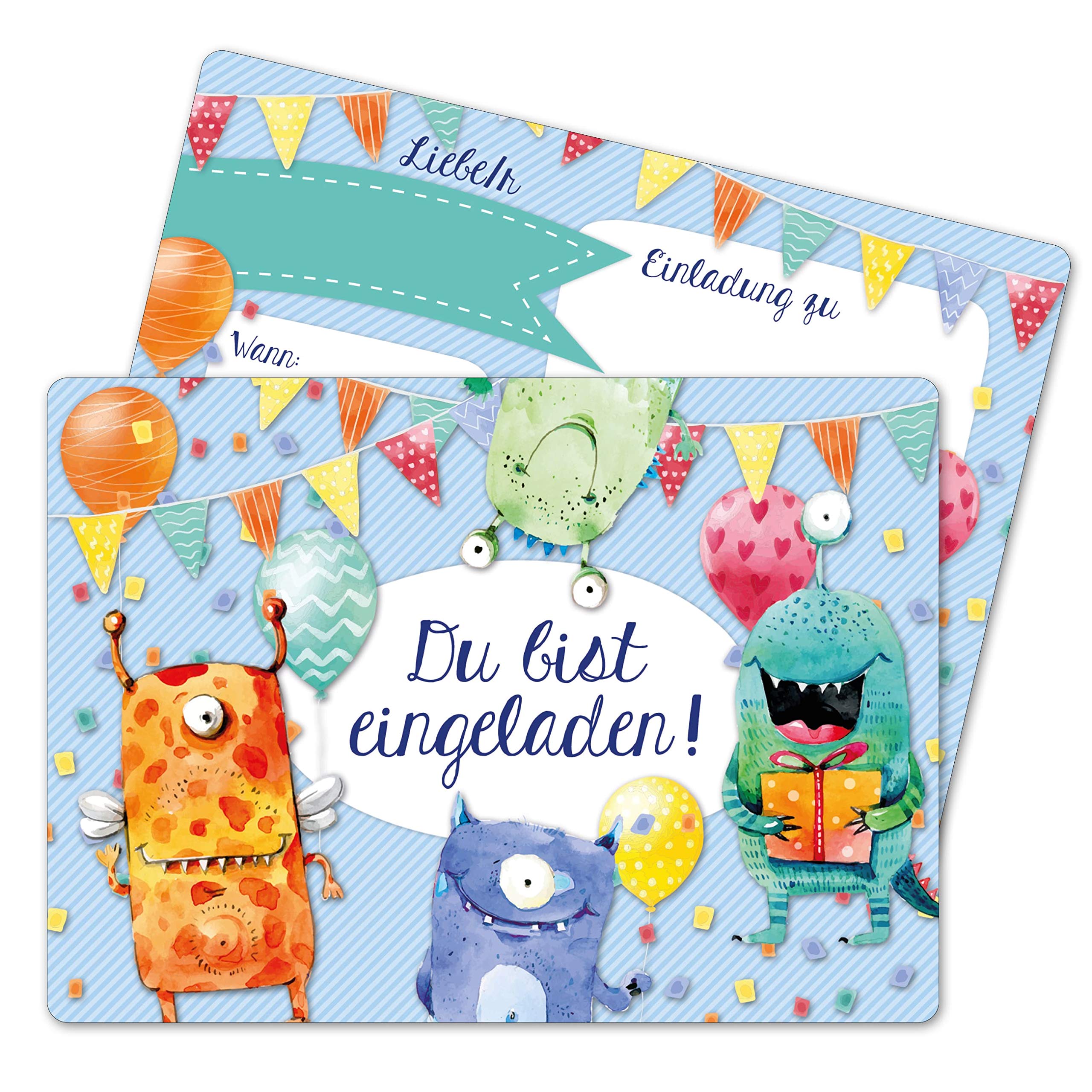 Papierdrachen 12 Einladungskarten zum Geburtstag für Kinder - Motiv Monster - Geburtstagseinladungen für deine Geburtstagsparty (DIN A6 mit abgerundeten Ecken)