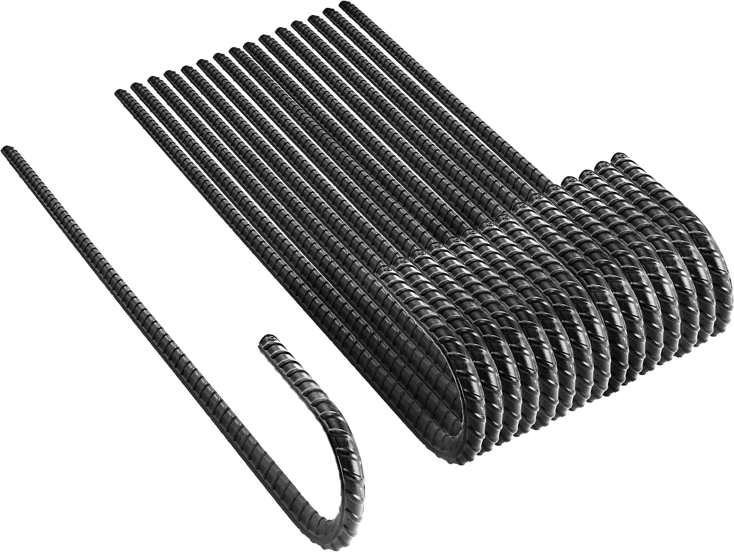 NHZ 12” Ground Rebar Stakes (16pcs) Heavy Duty J Hook Ground Anchors, Curved Steel Plant Support Garden Stake with Chisel Point end, Hammer for Camping Tent - Black Powder Coated