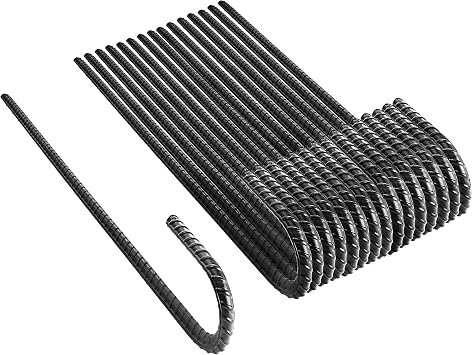 NHZ 12 Ground Rebar Stakes 16pcs Heavy Duty J Hook Ground Anchors, Curved Steel Plant Support Garden Stake with Chisel Point end, Hammer for Camping Tent - Black Powder Coated