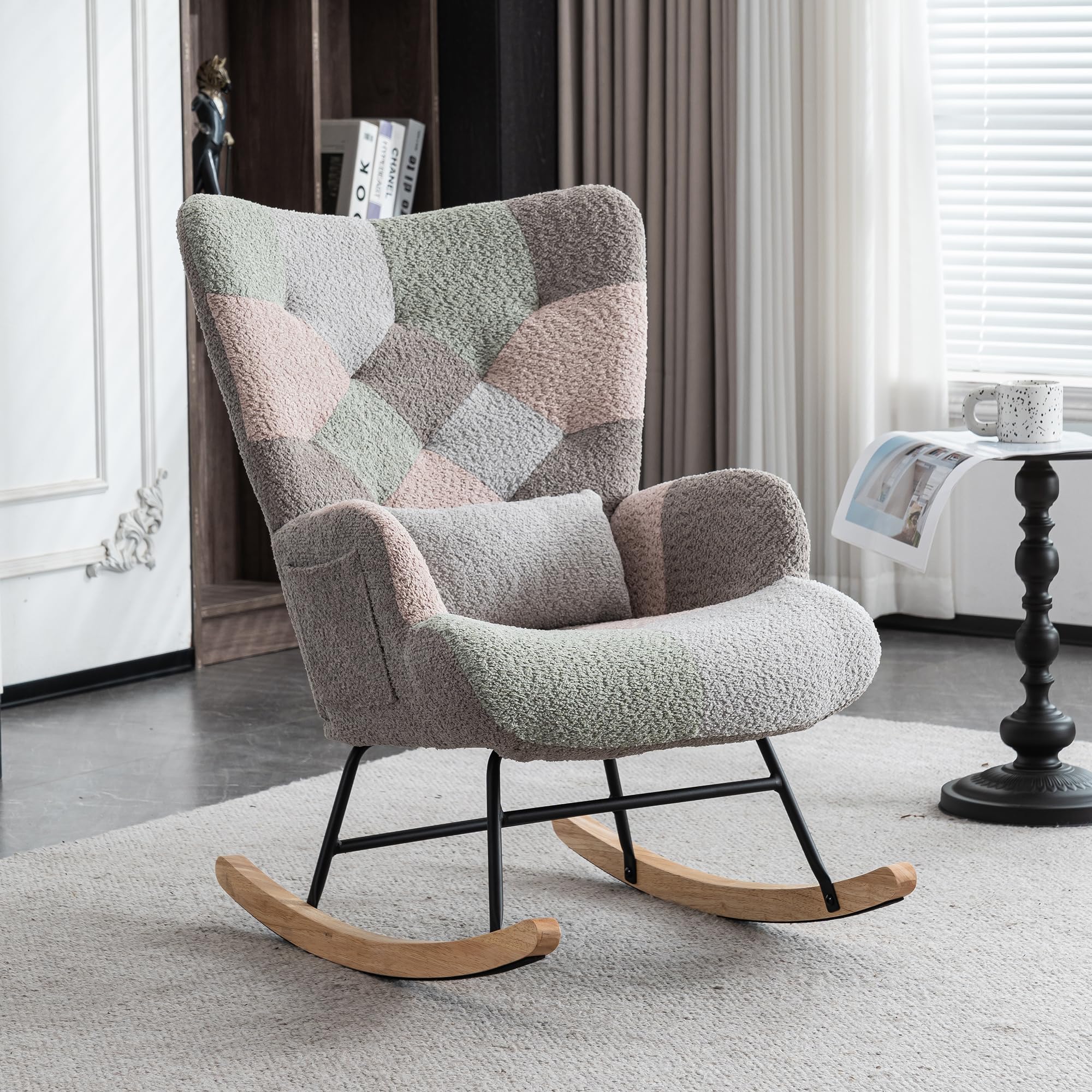 Sillón Mecedora con Madera de Caucho, Salón, Multicolor, Set de 3 Piezas