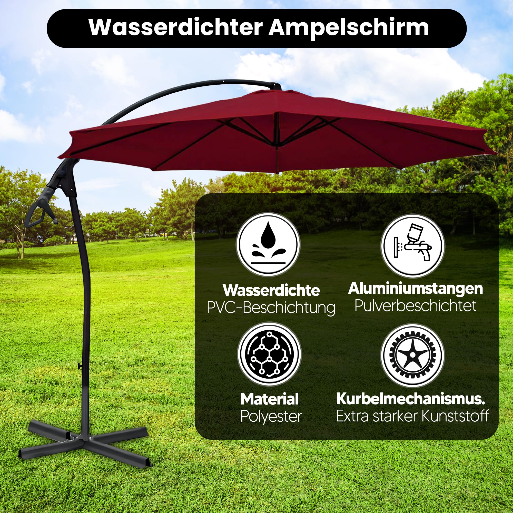 habeig WASSERDICHT Ampelschirm 3m Bordeaux rot durch PVC Schirm 300cm Sonnenschirm