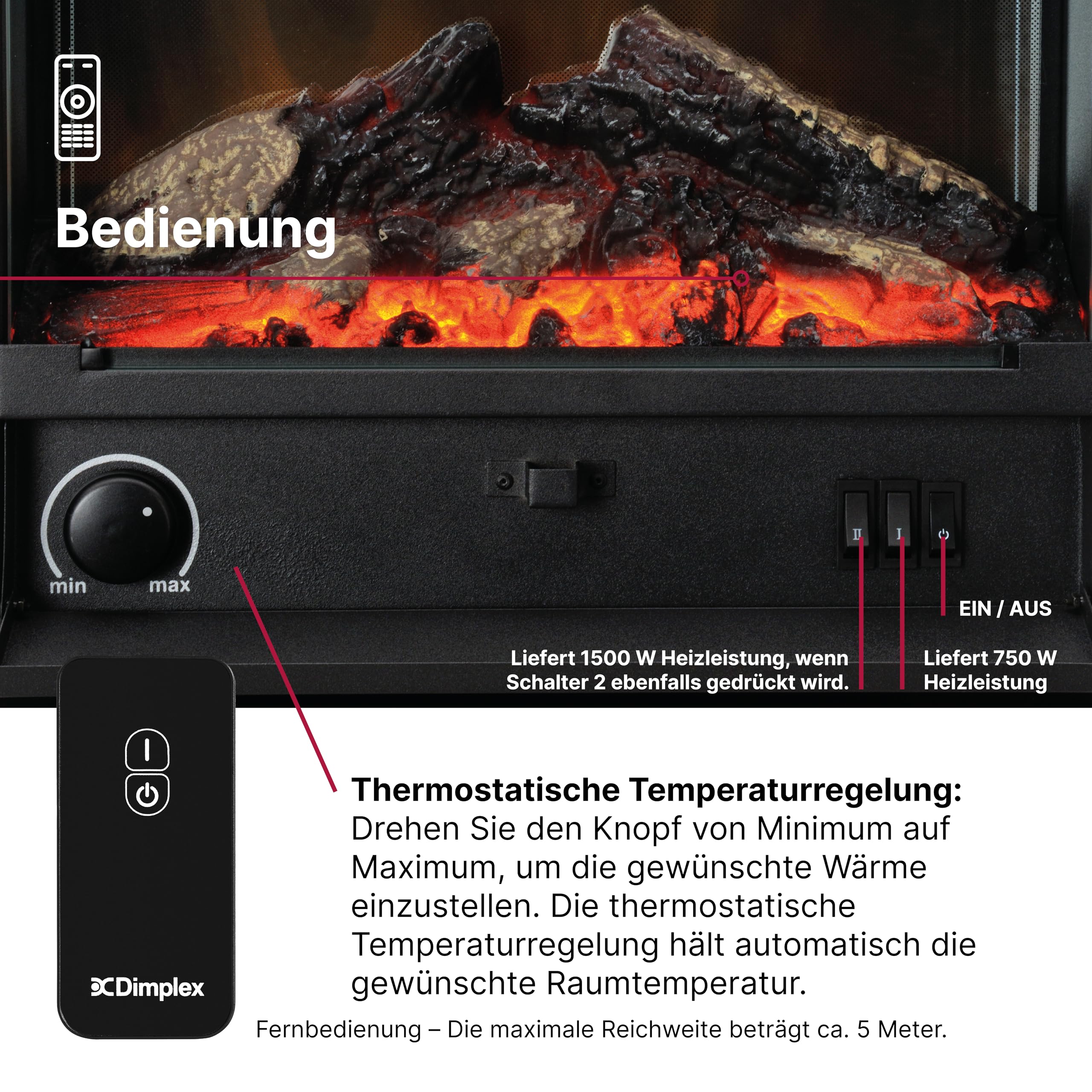Dimplex Gisella Elektrokamin - Elektrokamin mit Heizung, Weißer Umrandung und Glasablage - LED Optiflame Flammeneffekt - Zuschaltbarer 1,5kW Heizlüfter - Inklusive Fernbedienung