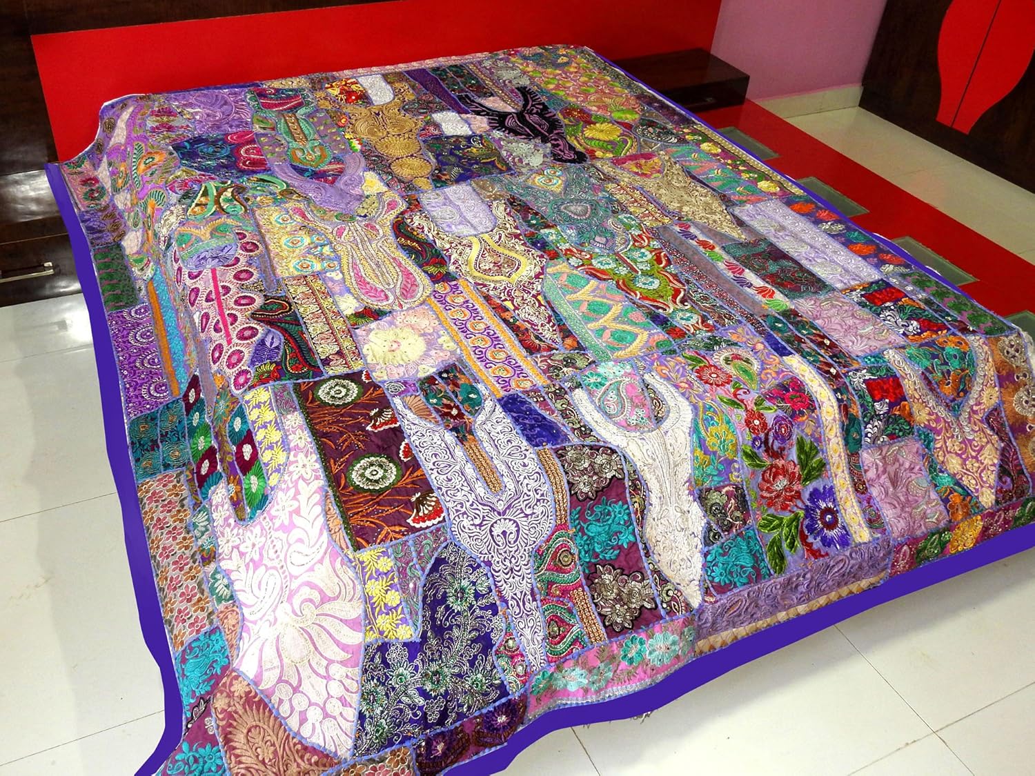 Triveni Art & Crafts Hand Embroidered Bohemian Patchwork Bedspread Bed Cover Wall Hanging Vintage Tapestry