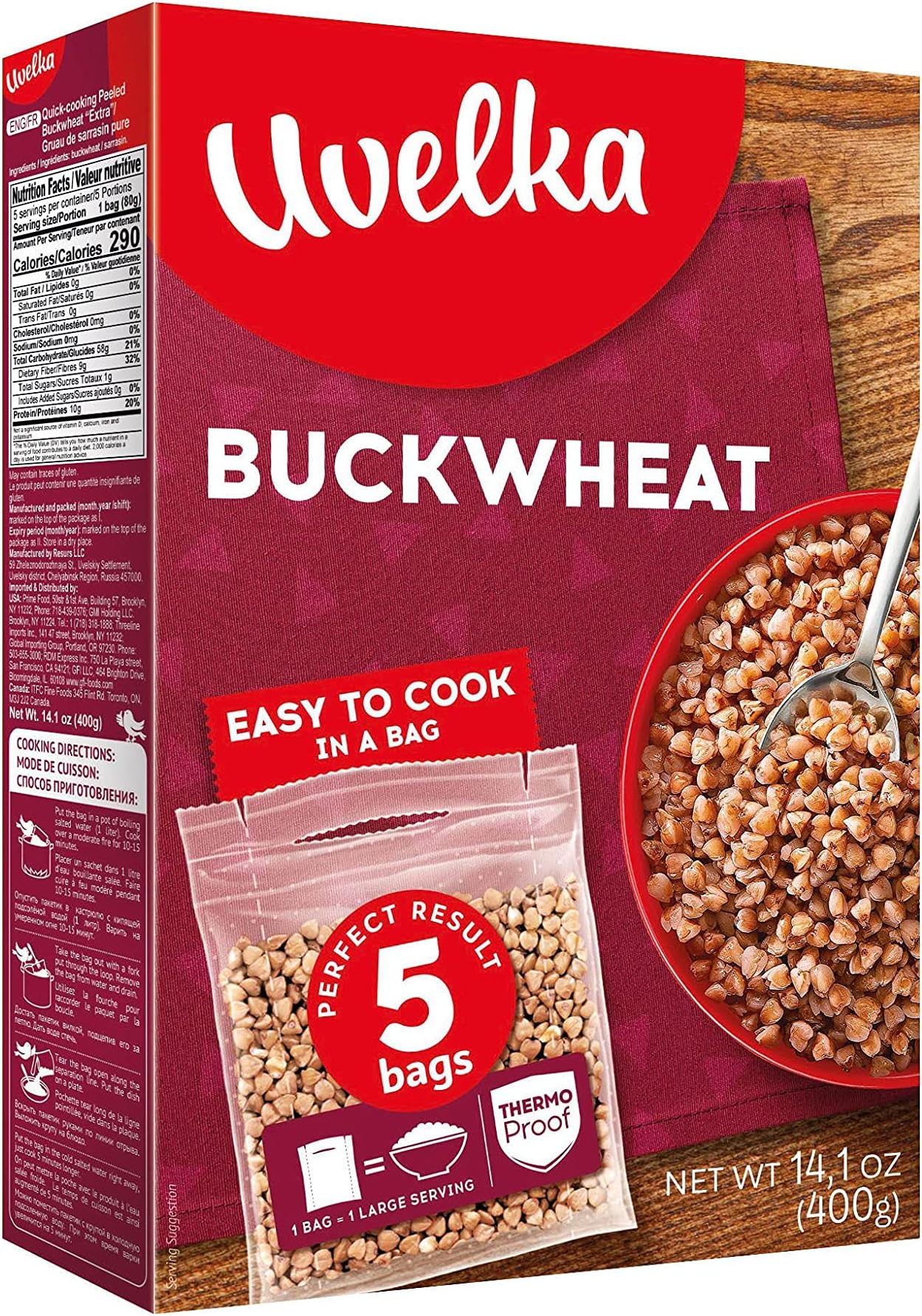 Uvelka Buckwheat Boil In Bag, 5 ct x 2.8 oz, Net weight 14 Ounce / 400 Gram, organic food