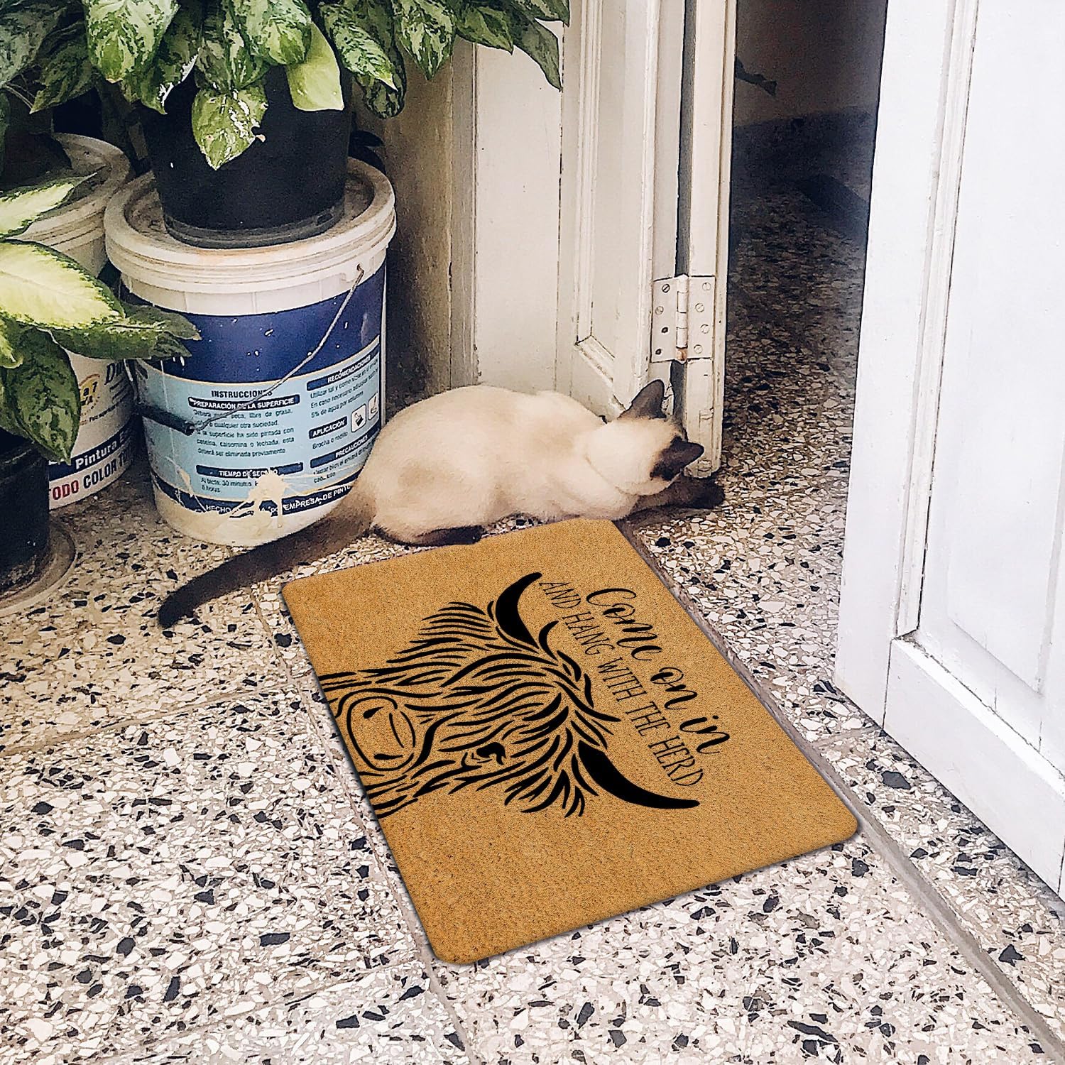 Funny Welcome Mats Outdoor - Highland Cow Decor Front Door Mat Outdoor Entrance, Come on in and Hang with The Herd Welcome Mat, Indoor Door Mats for Entryway, 17x30 Inches