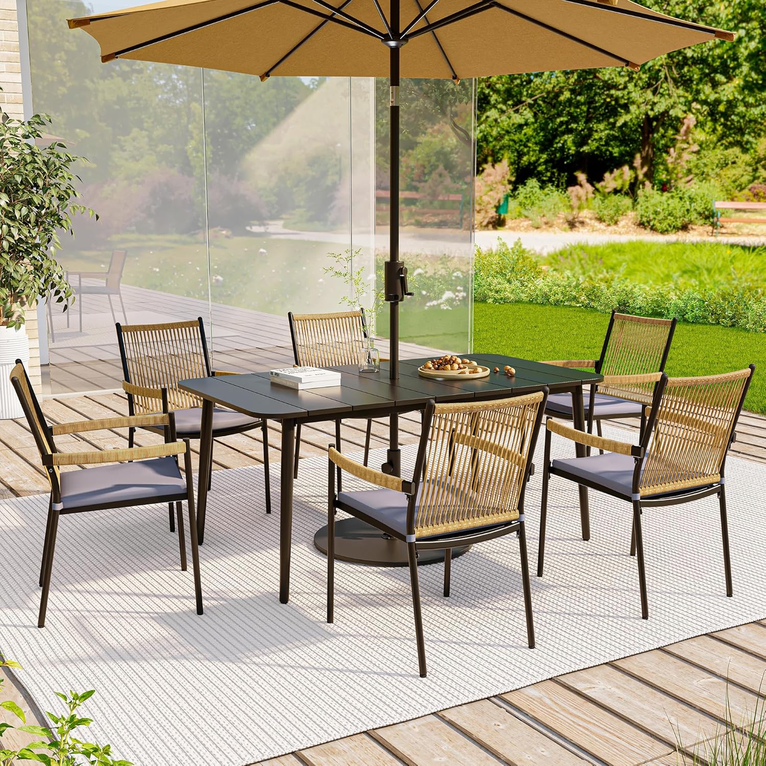 LAUSAINT HOME Outdoor Patio Dining Set, Metal Benches Set of 2 with Umbrella Hole for Patio, Garden, Backyard, Deck, Balcony