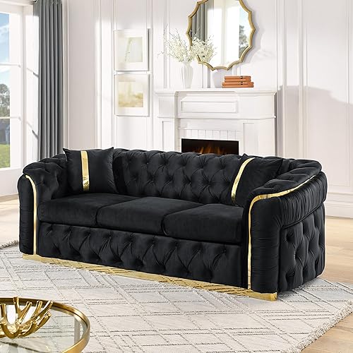 KEIKI Sofá Chesterfield de terciopelo de lujo de 91 pulgadas con detalles de acero inoxidable dorado y 2 almohadas, estilo mediados de siglo, sofá