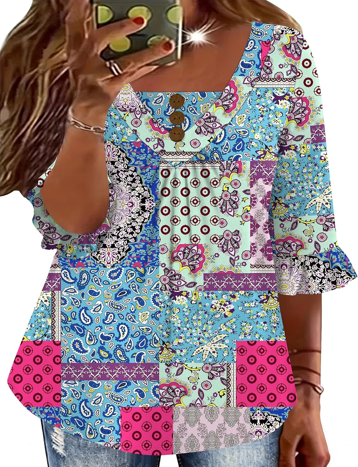TFSDOD Womens Plus Size 3/4 Ruffle Sleeve Tunic Tops V Neck Pleated Dressy Casual Shirts Floral Print Blouses (1XL-5XL)