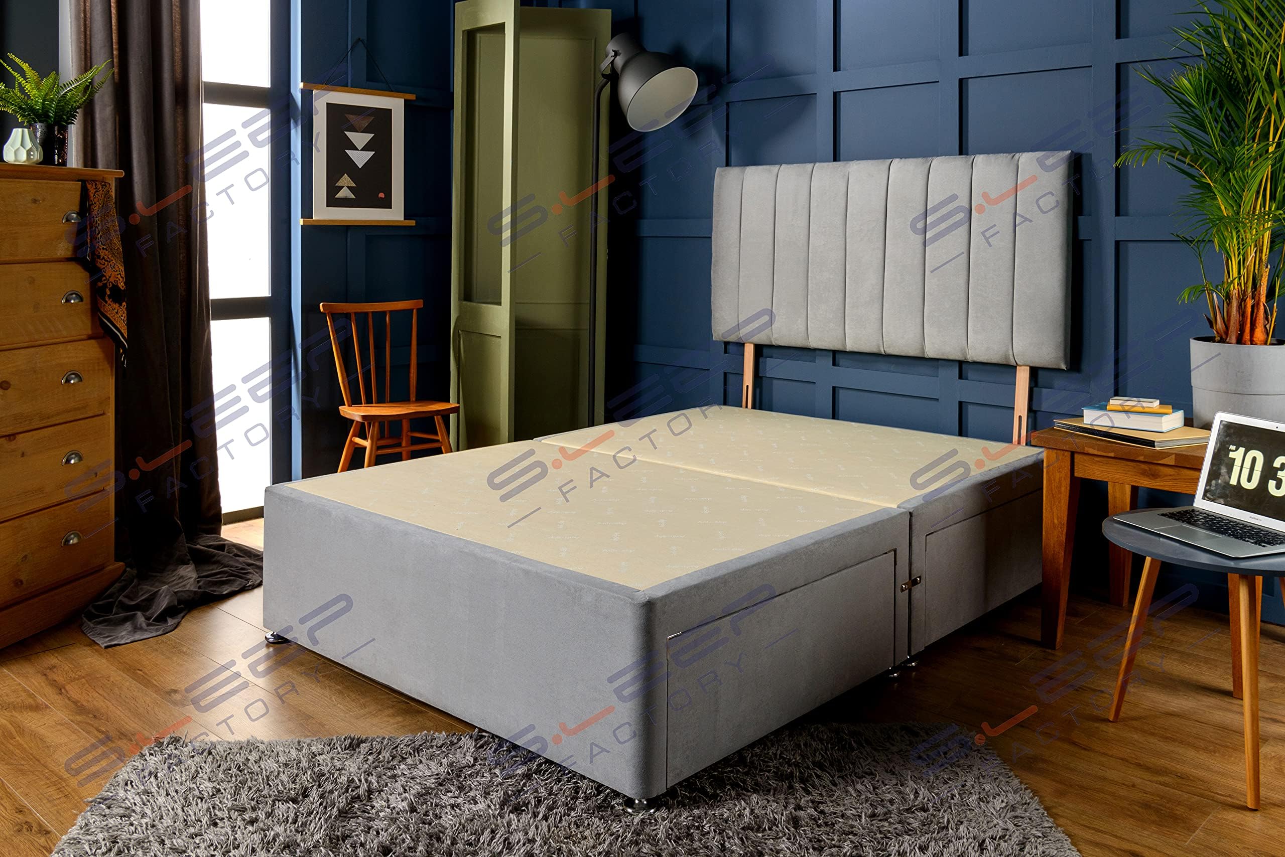 Sleep Factory's Luxury Divan Bed Base Grey Suede with Matching Panel Headboard 5.0FT (King Size) No Drawers