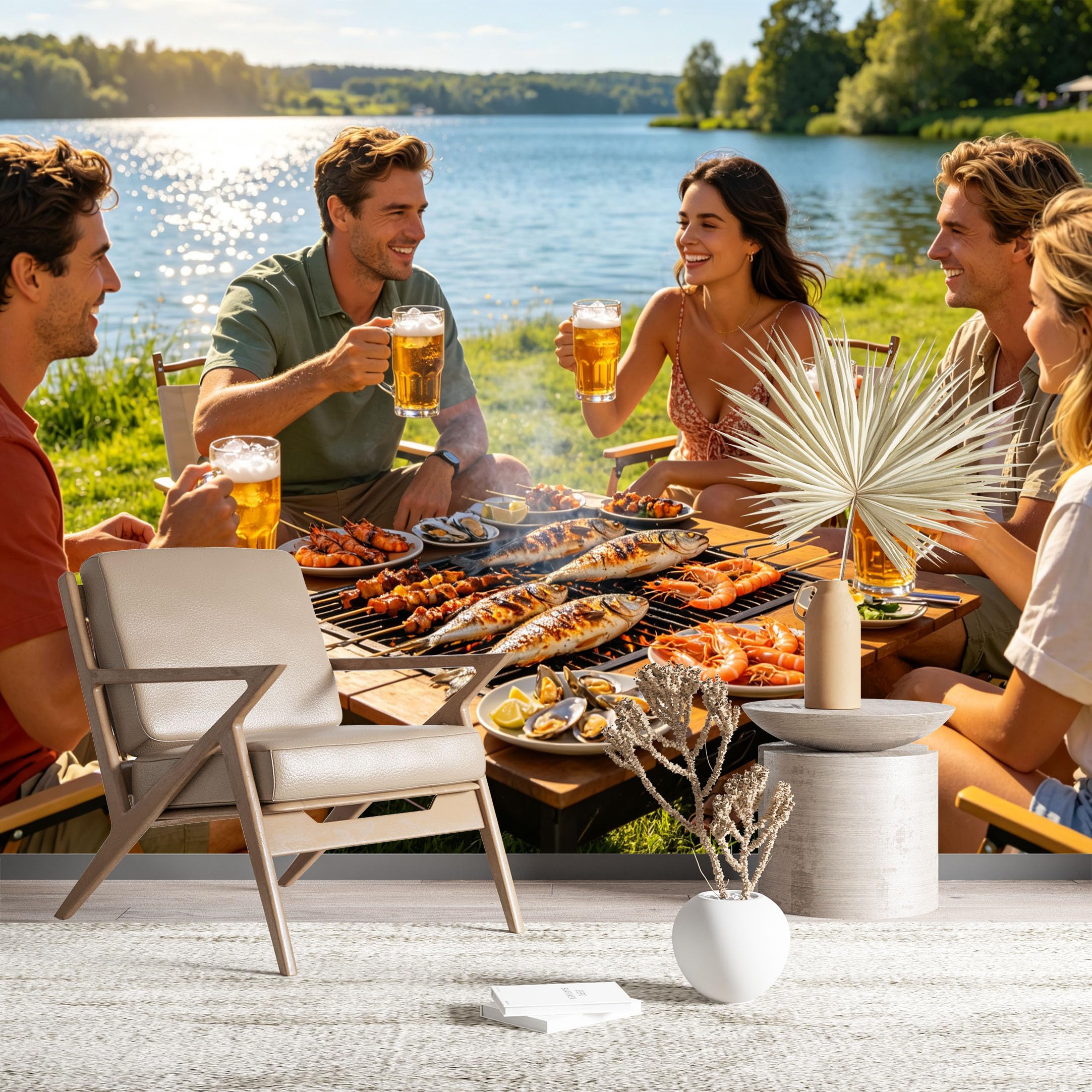 Custom Size Wall Murals Outdoor BBQ Party with Friends by Lake Wall Murals Food Wallpaper HD Self-Adhesive Removable Wallpaper for Living Room