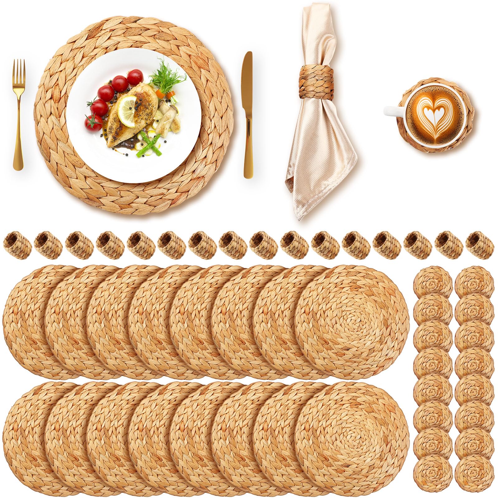 48 Pcs Set of 16 Round Woven Platemats, Handmade 11.8'' Rattan Plate Chargers Water Hyacinth Placemats, Rattan Coasters and Napkin Rings, Wicker Charger for Dining Table Plates
