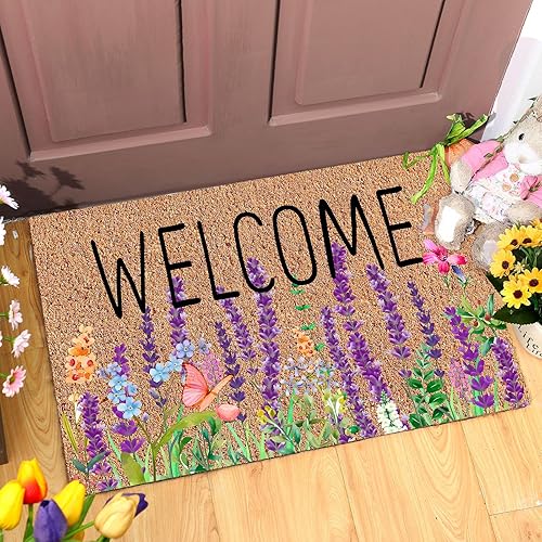 Miniatura 10 de Ceenna Tapete de bienvenida de primavera para interiores, tapete de fibra de coco con mariposas y flores, tapete antideslizante para porche