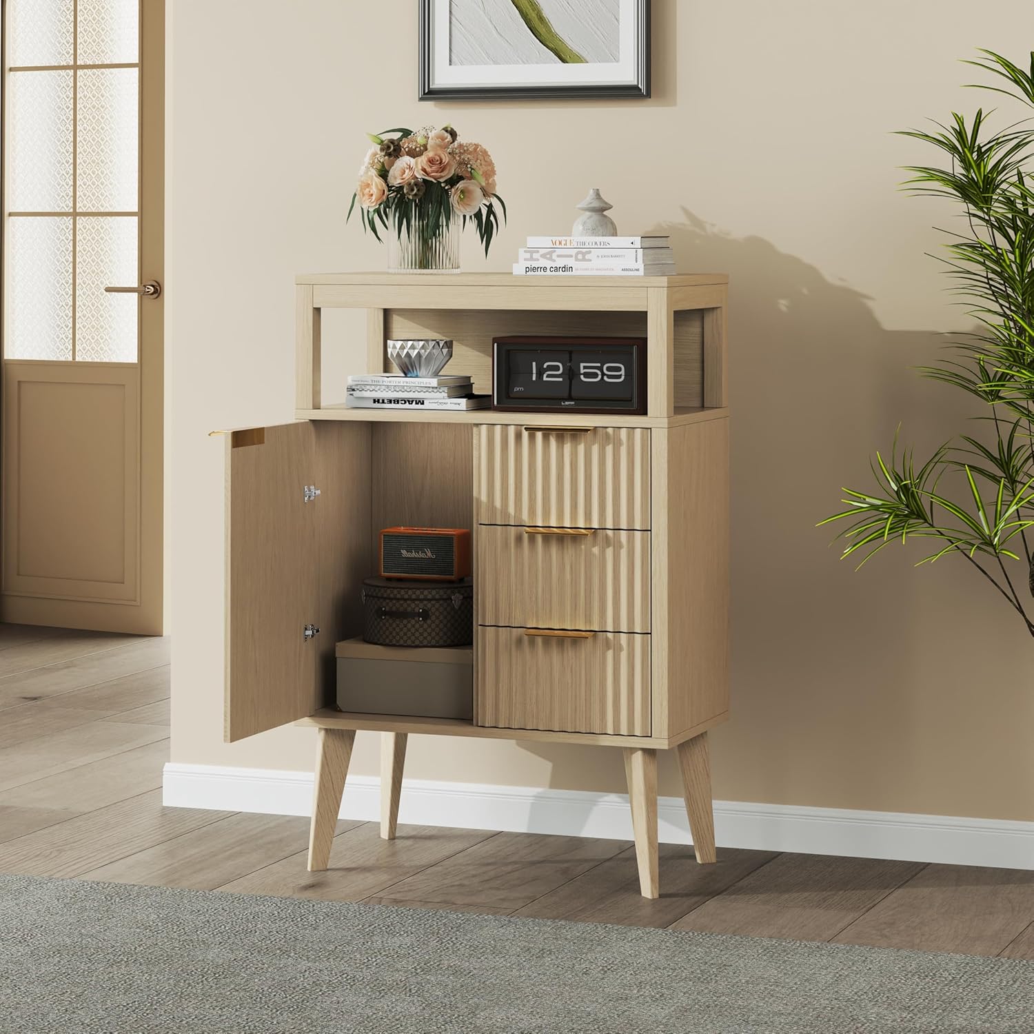 Natural Wood Bathroom Floor Cabinet with 3 Fluted Drawers & Door, Modern Storage Sideboard with Open Shelf, Coffee Bar Station for Living Room, Entryway, 23.6 x 11.8 x 34.6 Inches