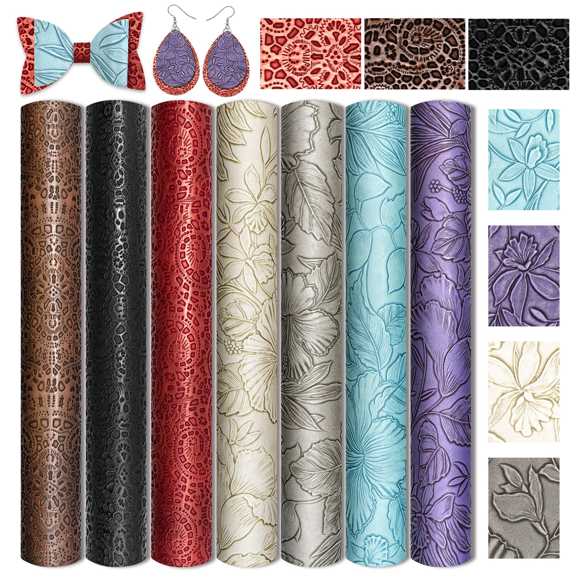 7 Pcs Embossed Faux Leather Sheets for Earrings Purses Making, 8.2" X 11.8" with Flower Leaf Embossed Textured Synthetic Fabric Sheets for DIY Bows Wallet Sewing Crafts (Random)