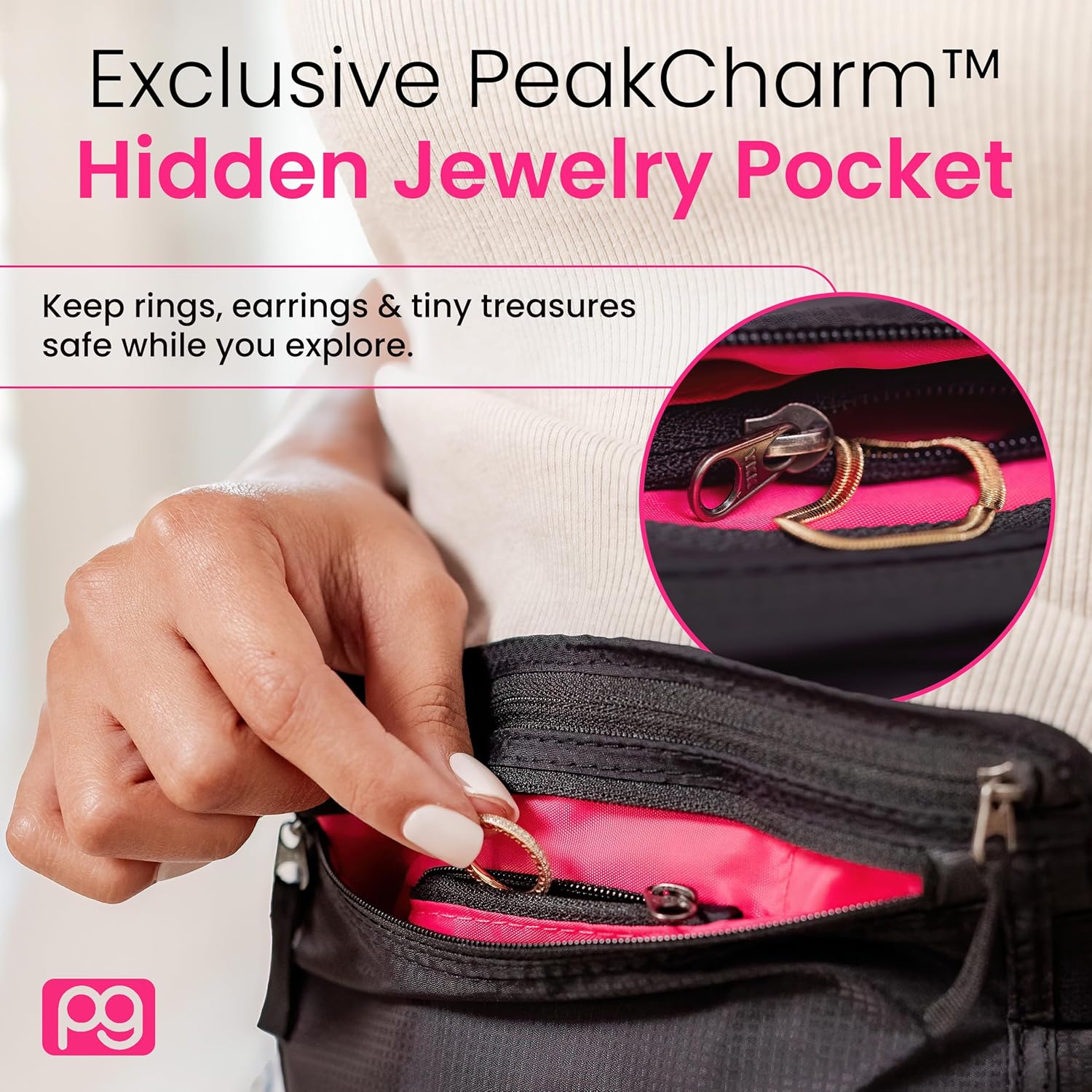 Peak Gear Women’s Money Belt - Hidden Travel Waist Pouch for Women | RFID Blocking, Slim Under-Clothes Passport Holder with PeakCharm Jewelry Pocket + 2 ReturnMe™ Recovery Tags - Image 3