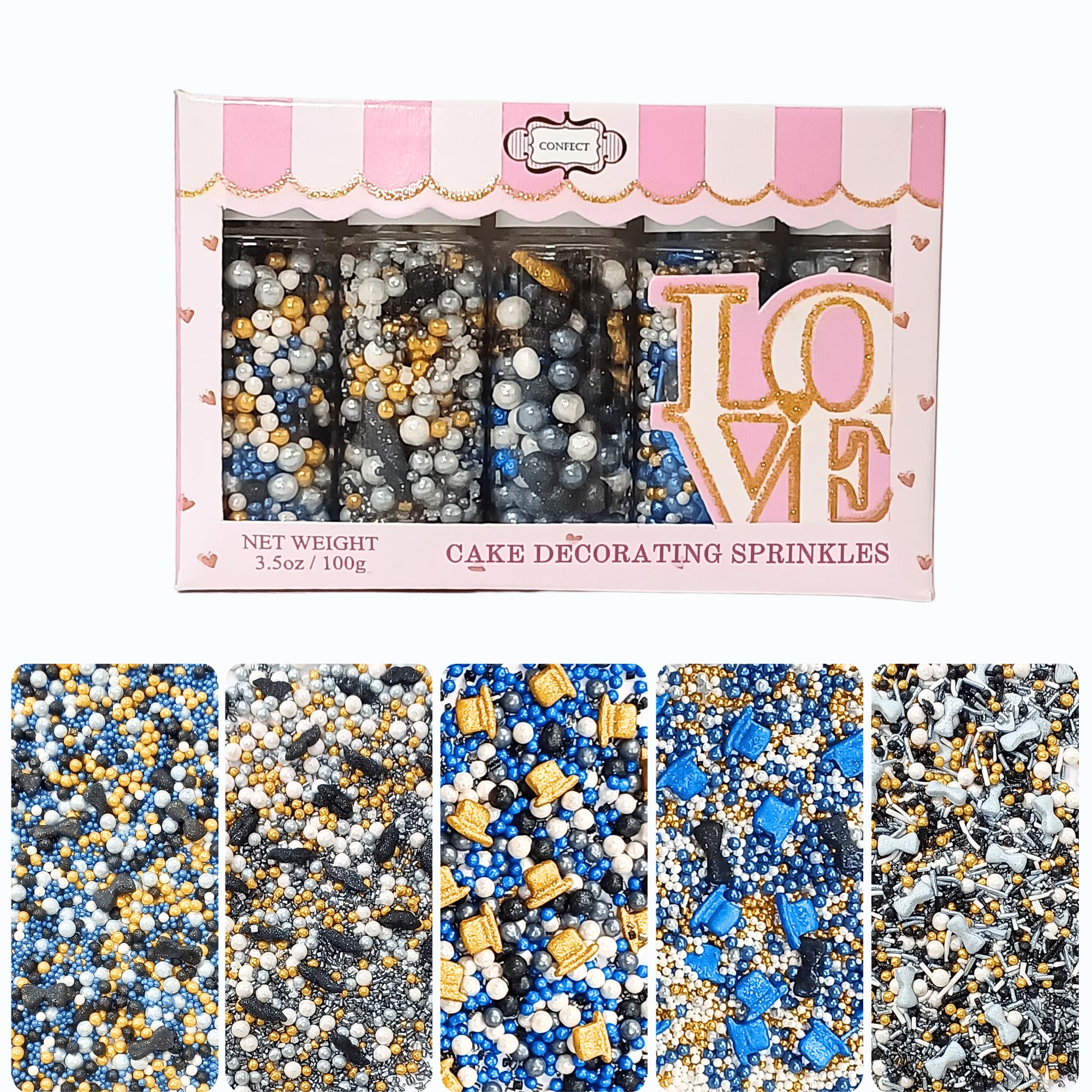 Confect Edible Sprinkles | Black, Blue & White Sprinkles Mix | Celebration Sprinkle | Fancy Assorted Pack of 5 Edible Sprinkles -Vegan, Gluten-Free,