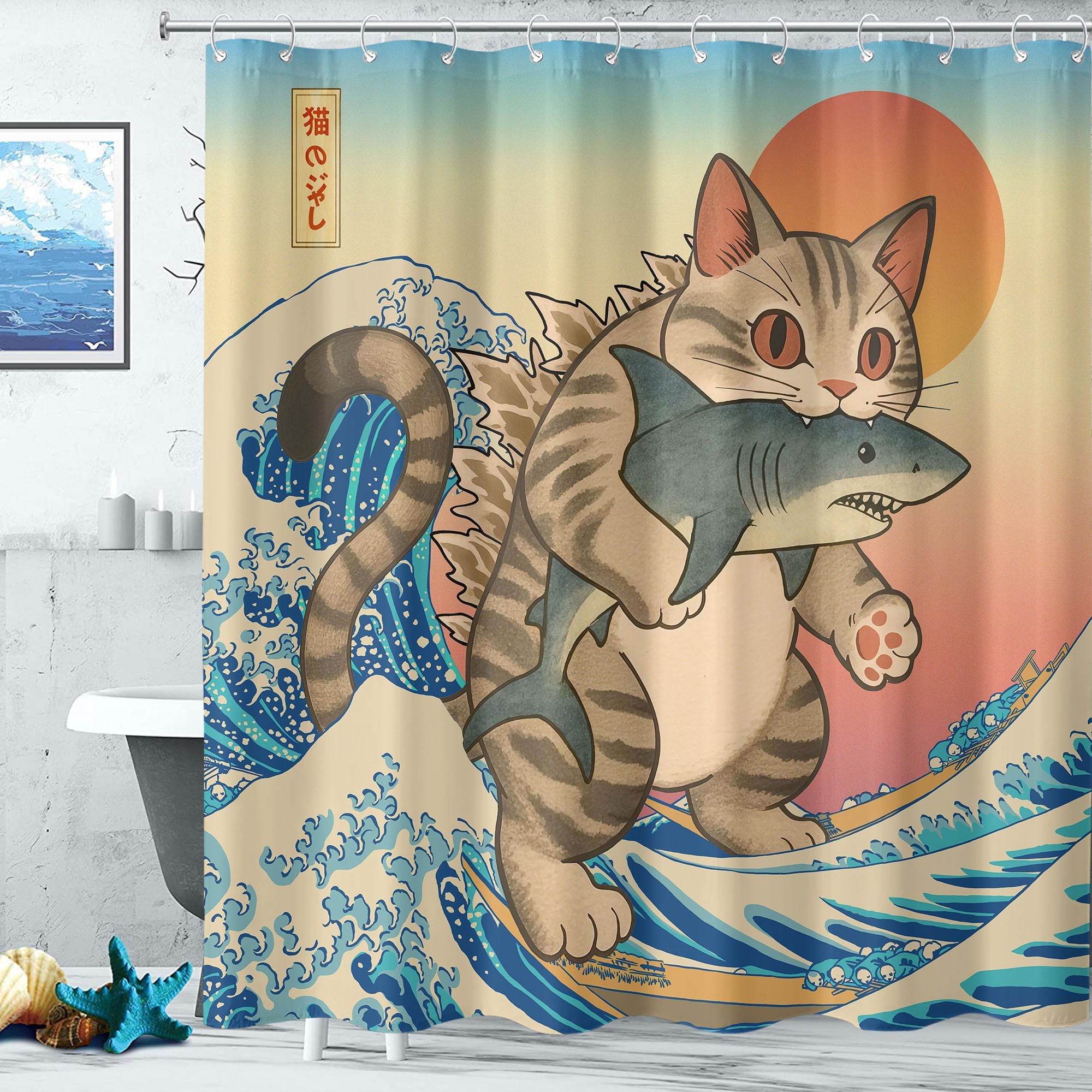 YEGRFJIS Funny Cat Shower Curtain Waterproof Washable, 260x200cm(WxL) Japanese Wave Shark Bath Curtain With Hooks, Bathroom Decor, Moisture Proof Bathtub Curtain
