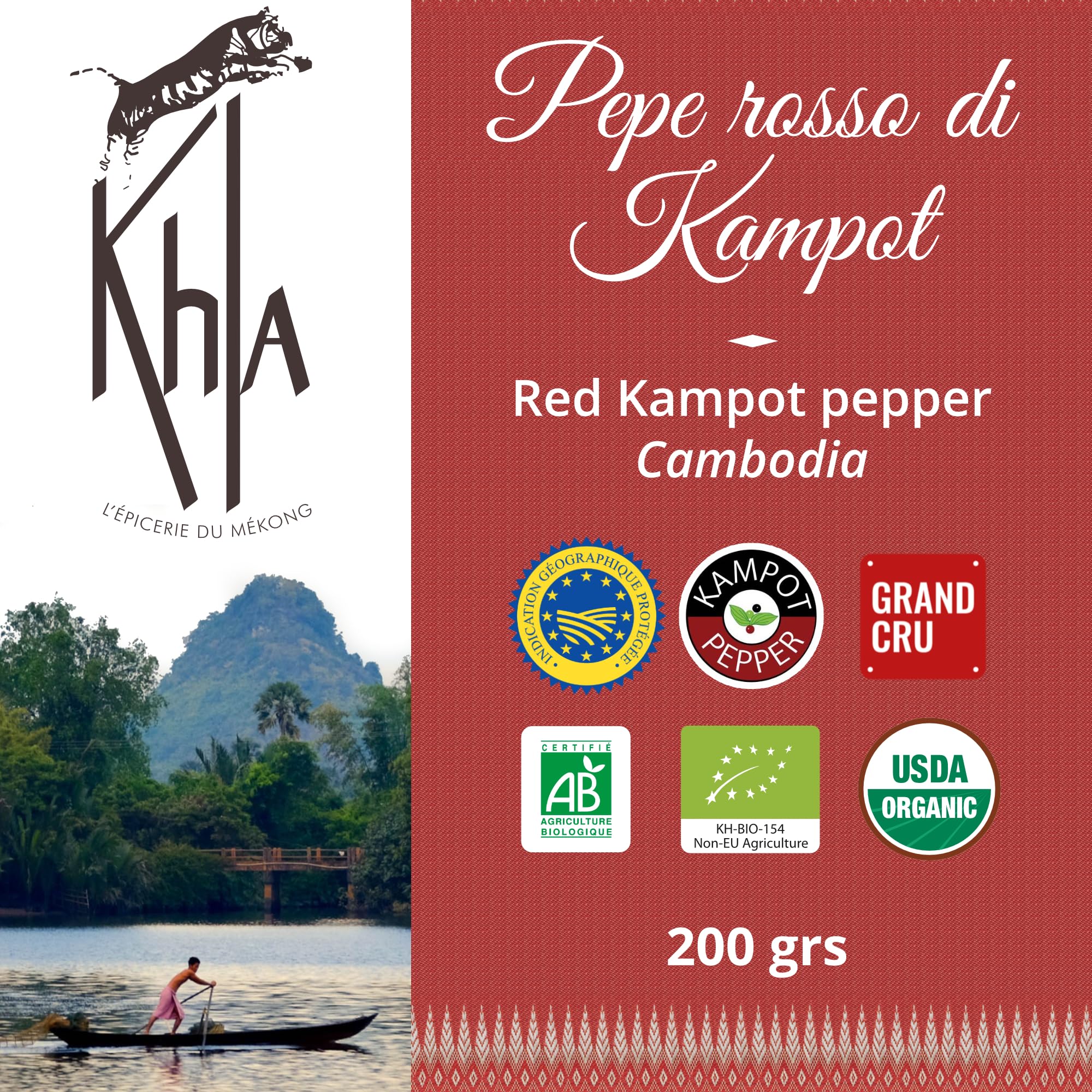 Khla - Pepe Rosso di Kampot Certificato Biologico 200g - Pepe Kampot in Grani Bio - Dolce e Fruttato - Ingrediente Spezie Cucina - Produzione Limitata - Direttamente dal Produttore - Origine Cambogia