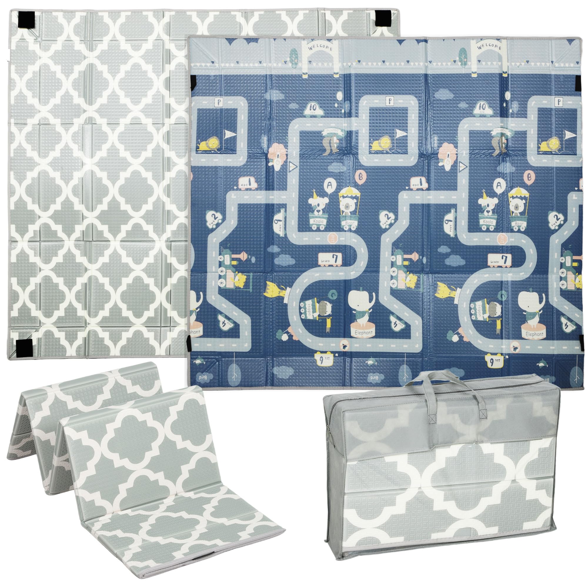 AIYAPLAY Foldable Baby Play Mat Double-Sided, Baby Playpen Floor Mats for Toddlers, Waterproof Large Foam Playmat for Playroom and Nursery, 202 x 180.5cm, Traffic and Grey Diamond Theme
