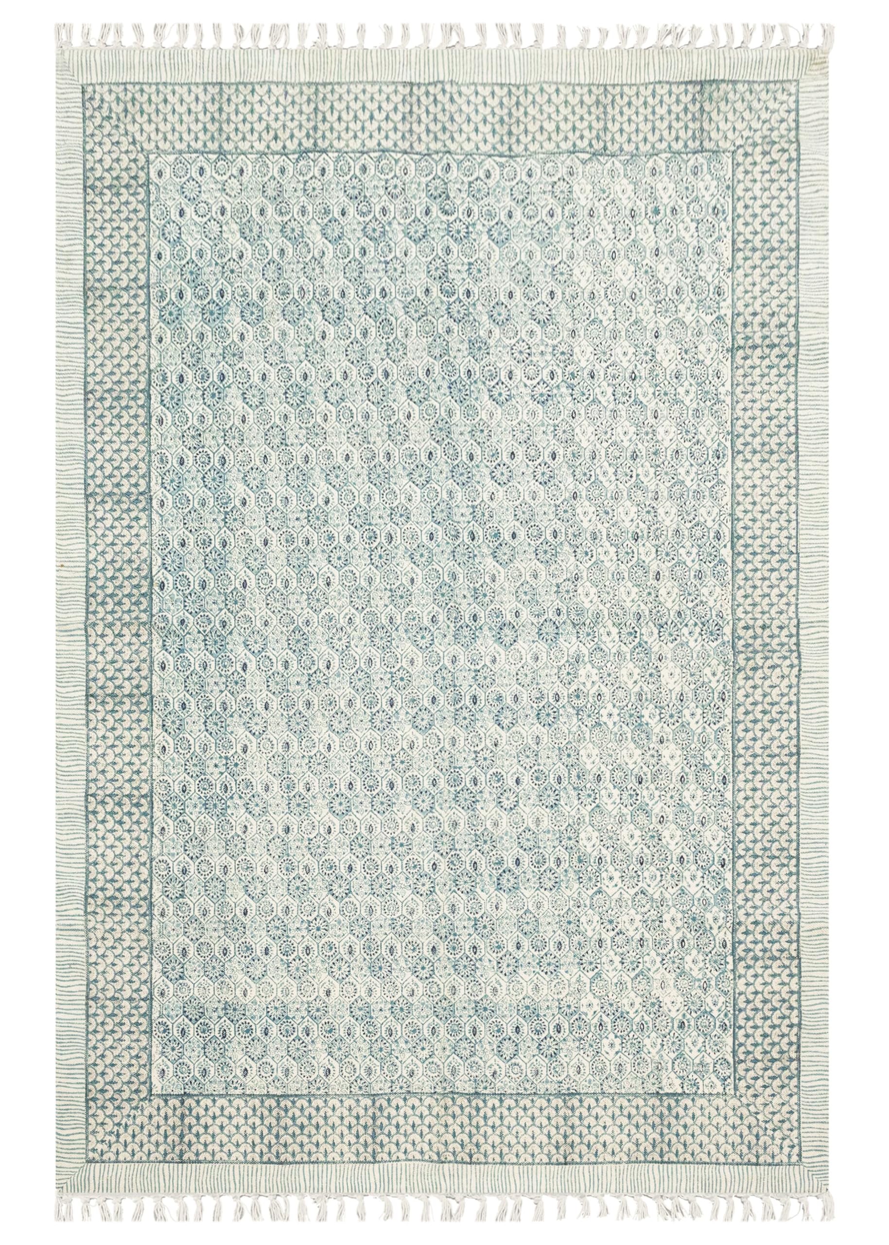 Baumwoll-Läufer, 5 x 35 cm, Kelim-Läufer, florales Design, Handfläche, hellgrau, beige, handbedruckt, Baumwolle, Dhurrie-Boho-Teppich, 0,5 cm dick, für drinnen und draußen, Flachgewebe, für Flur