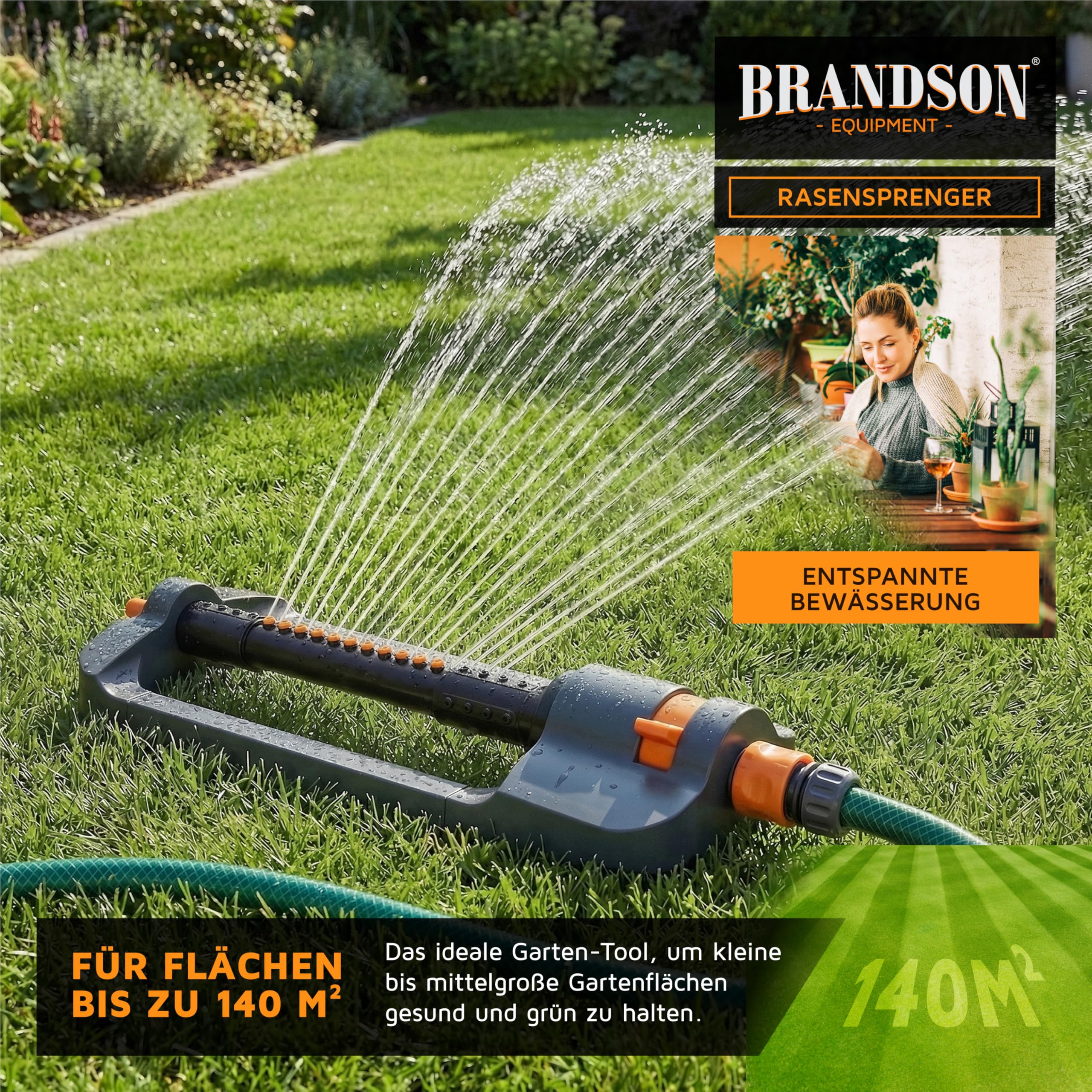 Brandson - Rasensprenger Viereckregner 3/4 Zoll flexibel – 19 Düsen (8 separat einstellbar) – für große Flächen – integrierter Metallfilter - Oszillation 20° bis 140° – Garten Rasensprinkler