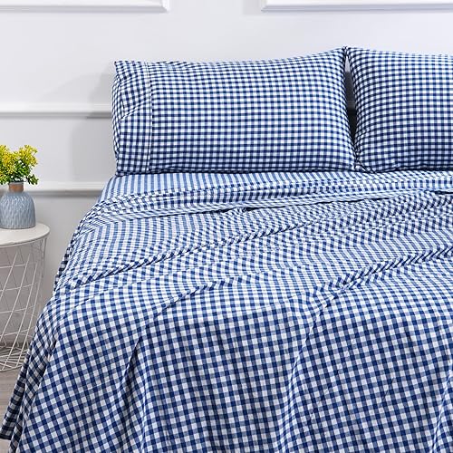 Cotton Queen Sheet Set 4 Piece Gingham Bed Sets, Soft, Smooth, Durable, Easy Care, 16" Deep Pocket Checkered Queen Sheets - 1 Flat, 1 Fitted, 2 Pillowcases Blue Color - Checkered Blue - Queen
