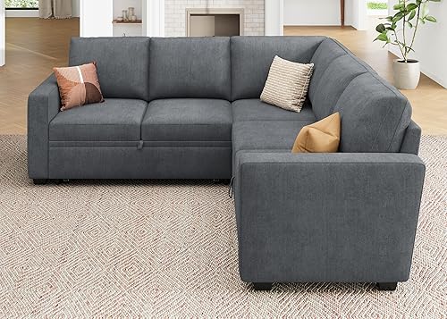 Miniatura 7 de HONBAY Sofá cama modular modular con cama extraíble, sofá en forma de L de felpilla con asientos de almacenamiento, sofás seccionales convertibles