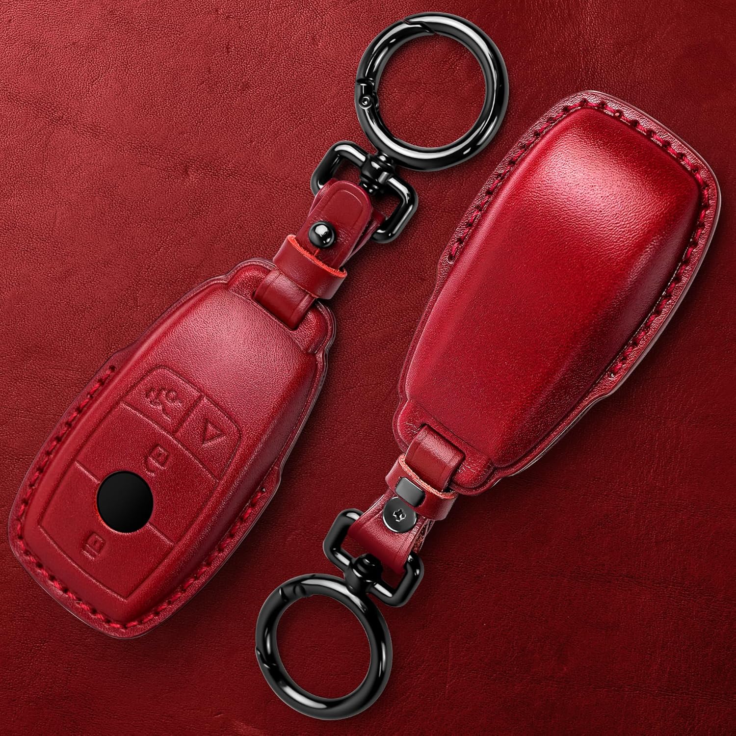 Tukellen for Mercedes Benz Key fob Cover Genuine Leather with Keychain,Leather Protector Key case Compatible Mercedes Benz 2017-2023 E-Class 2018-2021 S-Class 2019-2023 A-Class C-Class G-Class-Red - Image 2