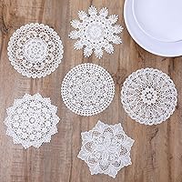 AOZUO 6PCS White Vintage Crochet Doilies 6 Inch Round Lace Placemats Handmade Rustic Coasters Table Decor for Weddings Parties