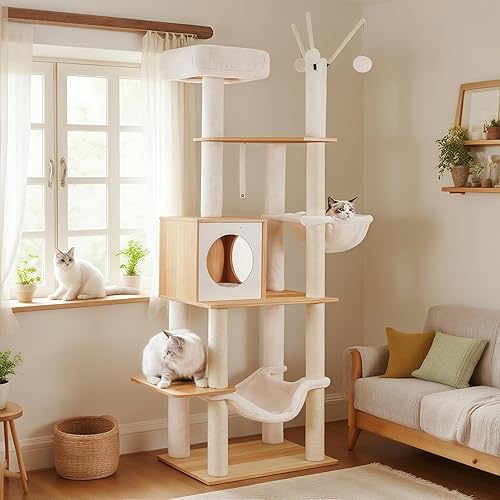 Hey-brother Wooden Cat Tree, 66.1“ Cat Furniture with Scratching Posts, Modern Cat Tower with hammocks, Toys, cat condo, Walnut MPJ120WB
