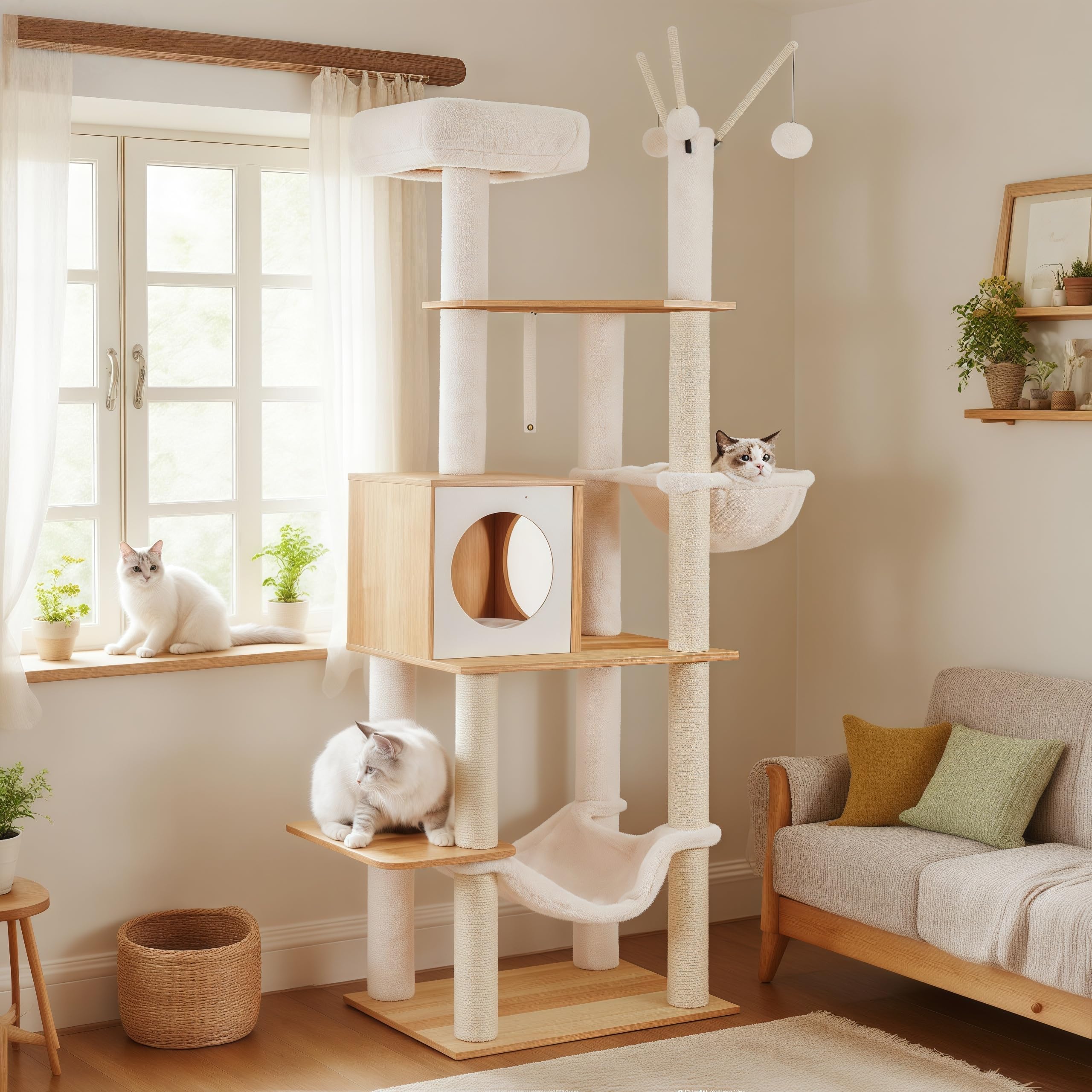 Hey-brother Wooden Cat Tree Tower with Hammock for Indoor Cats, MPJ120WB