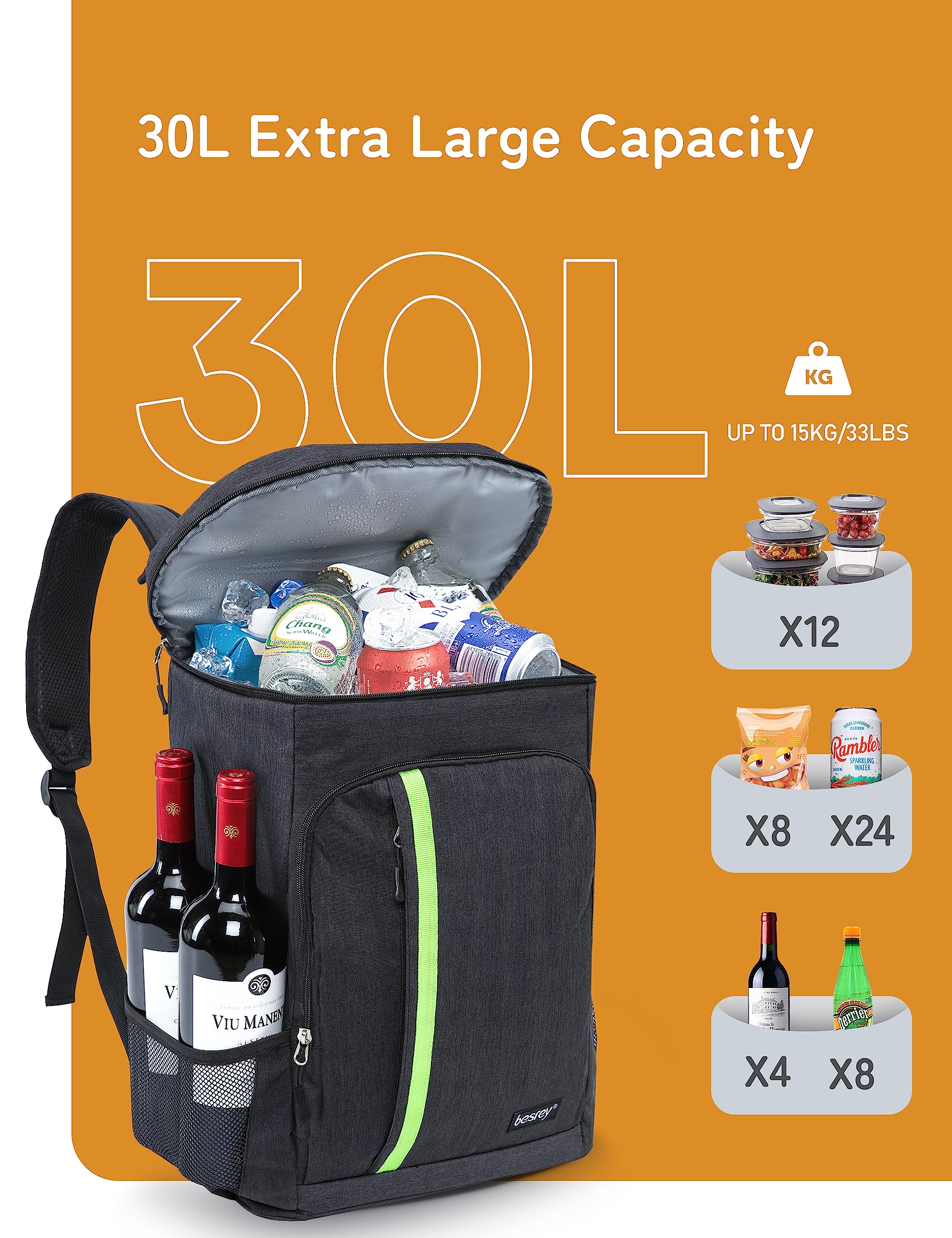 besrey Mochila de Refrigeración, Mochila Nevera Bolsa Térmica Grande, Mochila Portatil de Doble Capa, Ligera, Impermeable, para Comida Almuerzo Playa Trabajo Picnic Camping,Gris Negro
