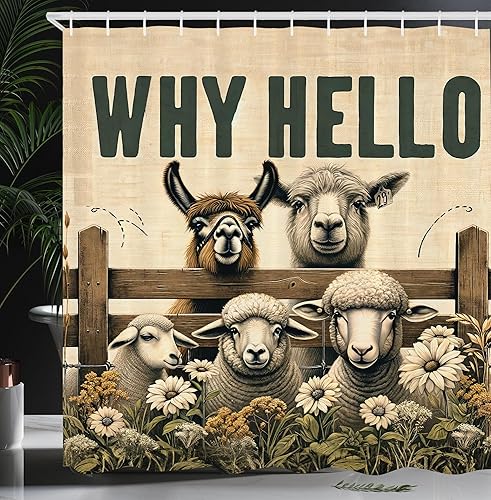 Ambesonne Cortina de ducha de granja, con letras Why Hello Lettering con vaca de alpaca y oveja en flores de prado, juego de decoración de baño de