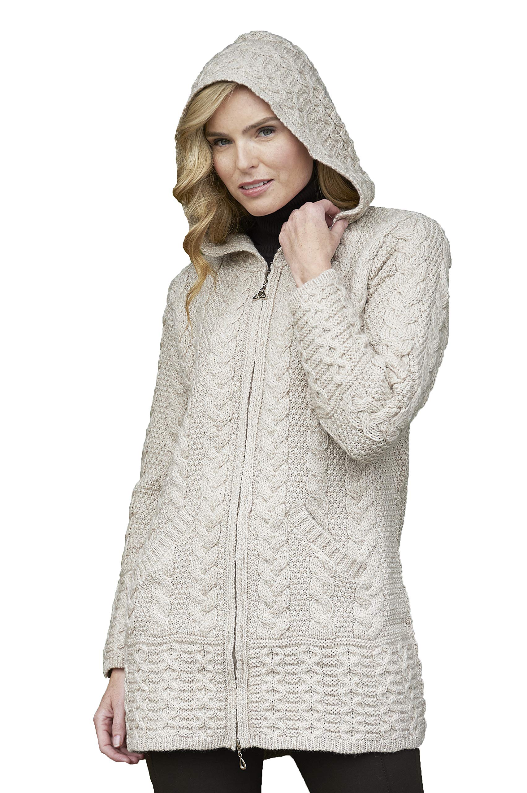 Aran Crafts Irish Women's Cable Knit Hooded Wool Coat (HD4025)