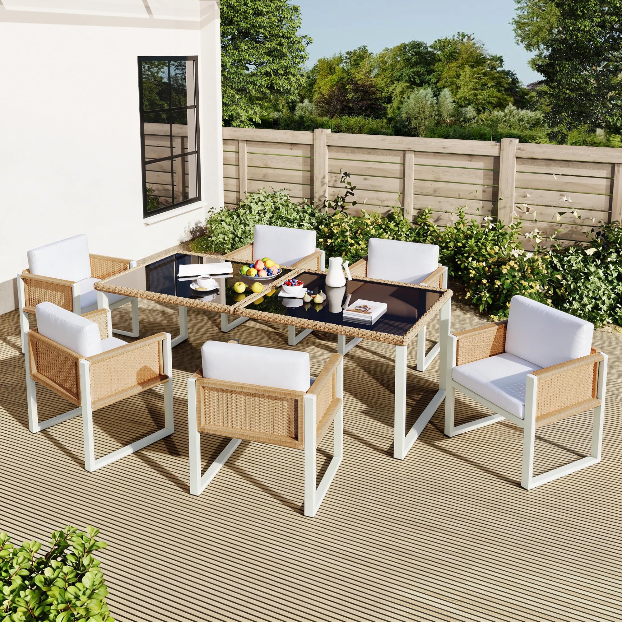 Gartenmöbel Sitzgruppe aus Rattan für 6 Personen, Marrón + Blanco