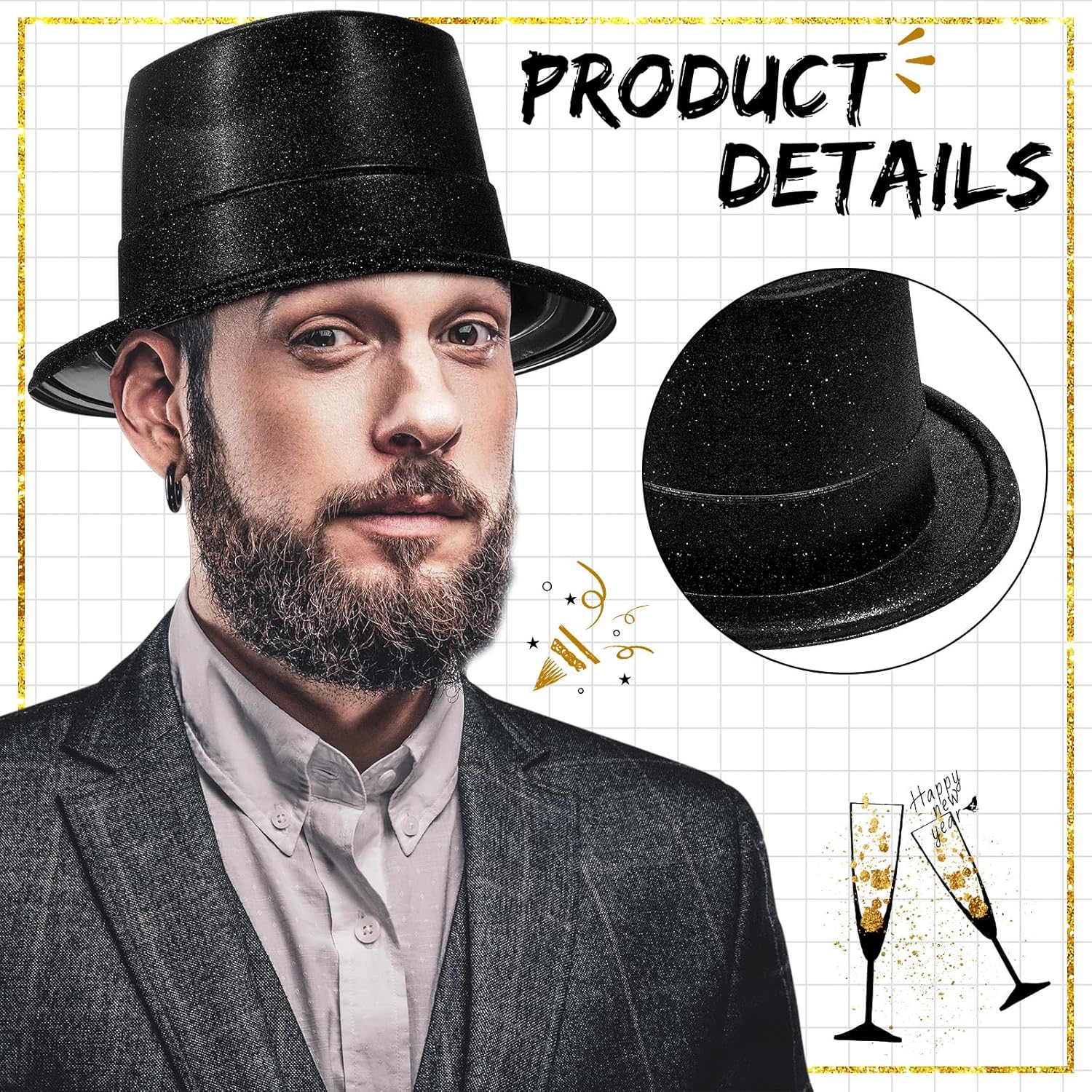 Hillban 50 Pack Glitter Top Hats Bulk Happy New Year Shiny Magician Top Hat for Adults Party