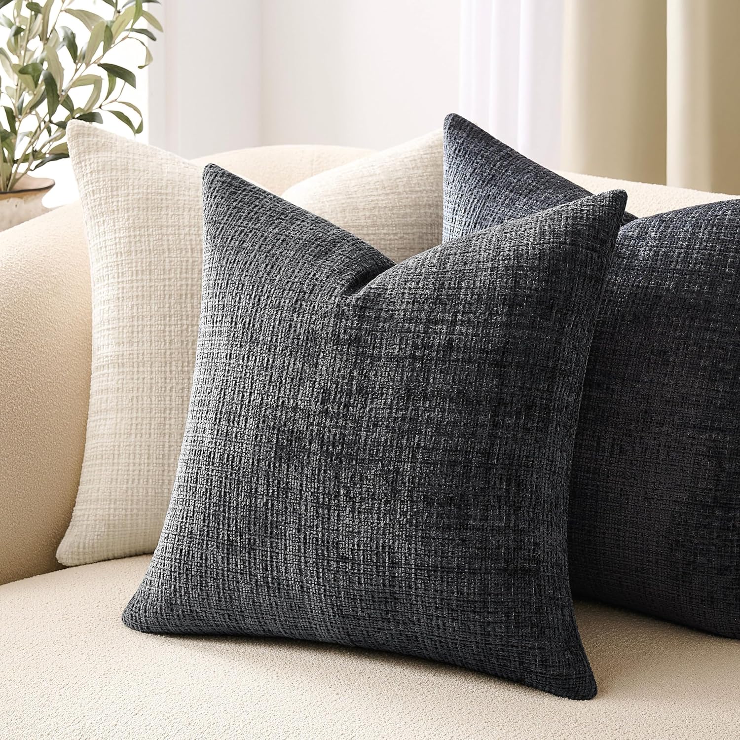 ZeeMart Fine-Textured Throw Pillow Covers Set of 2, 20x20 Inch Charcoal, Soft Chenille Accent Decorative Dark Grey Cushion Cases for Couch Sofa Bed Living Room Bedroom Farmhouse Boho Home Decor