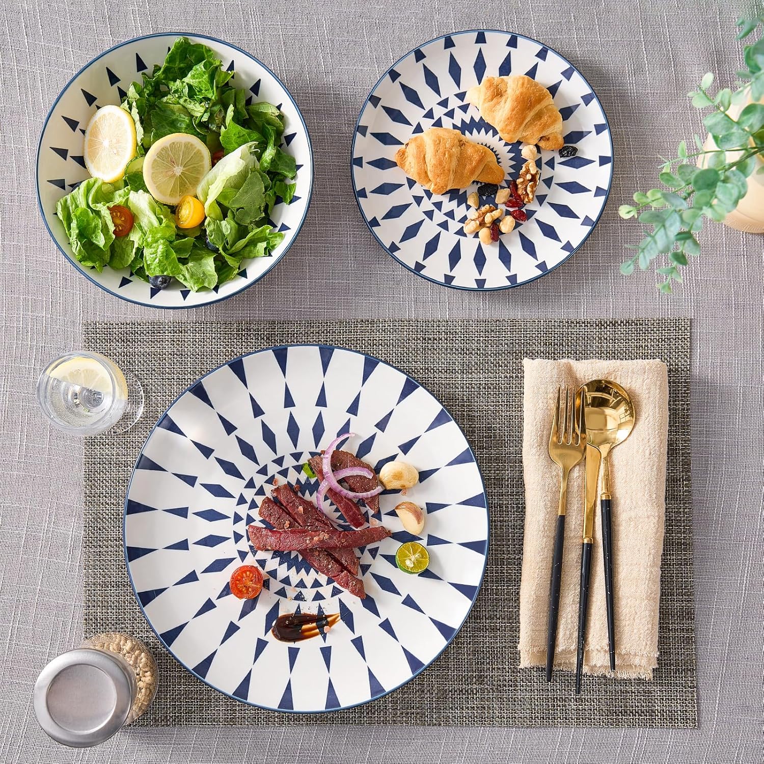 Bestone Ceramic 12-Pieces Dinnerware Sets, Ceramic Dish Plates and Bowls Sets, Dishes Set for 4, Dinner Salad Dessert Plates, and Cereal Bowls Set, Gift,Vintage Blue