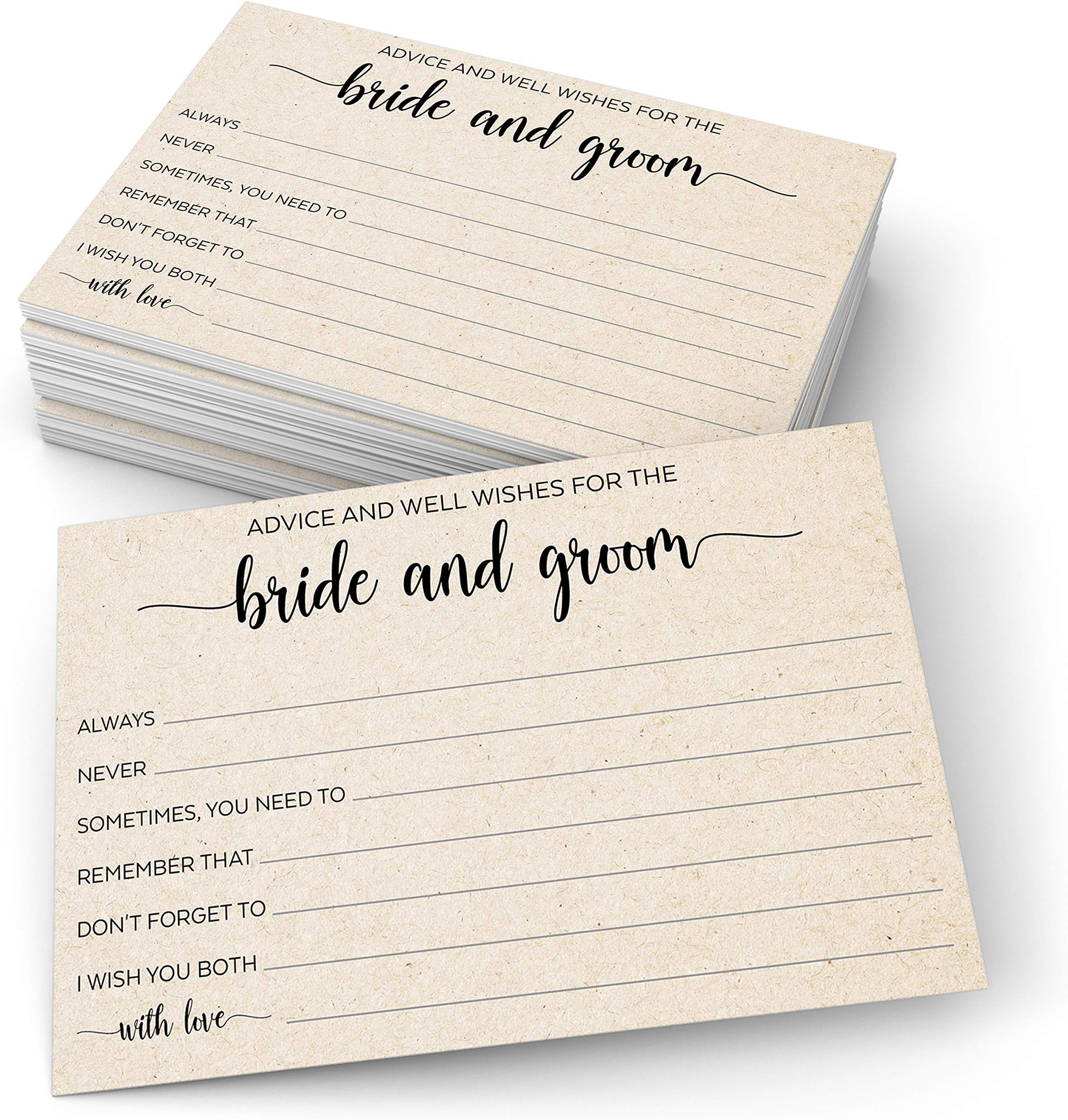321Done Advice and Wishes for The Bride and Groom Cards, Made in USA - 4x6 Kraft Tan, for Wedding with Prompts Simple Elegant - 50 Cards