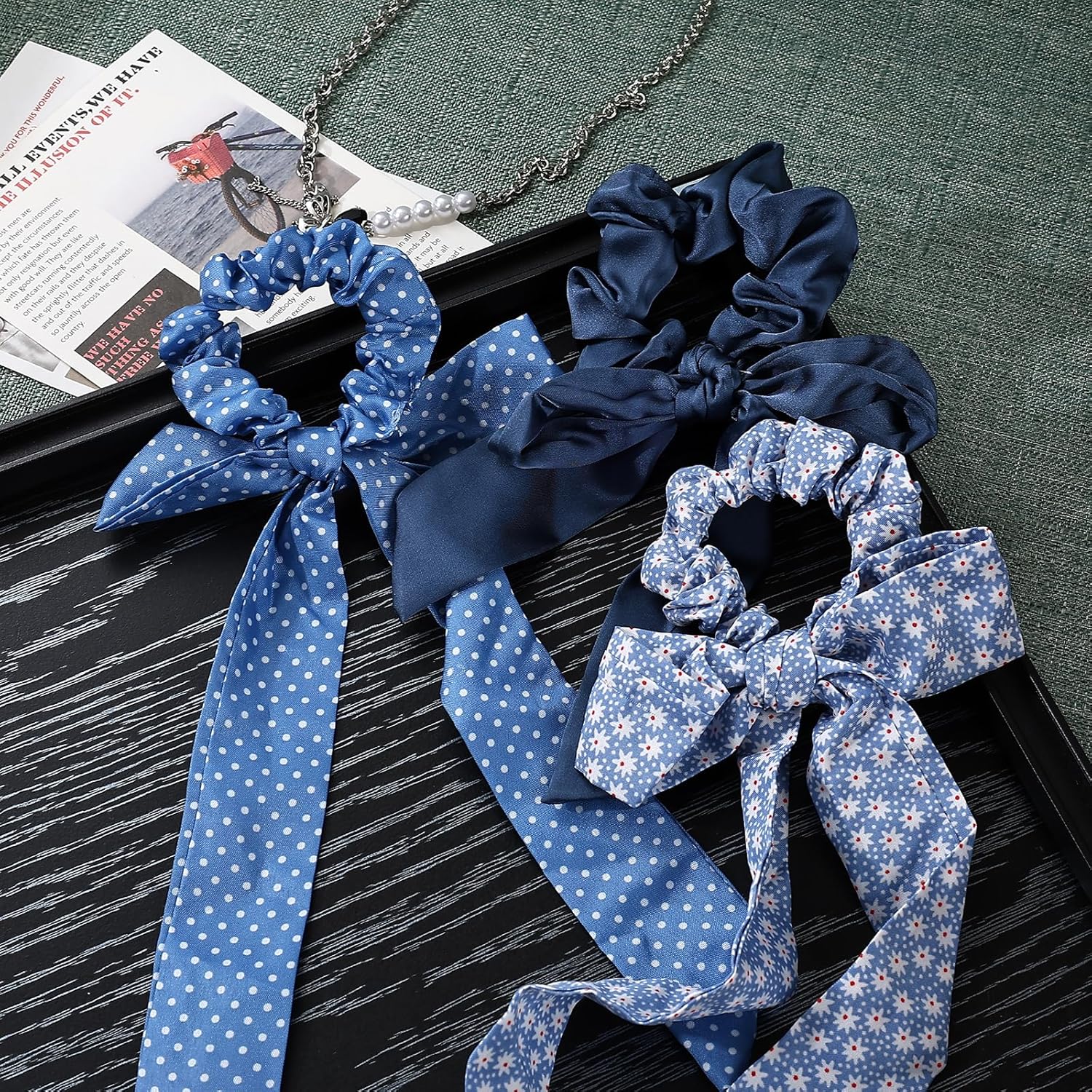 5 Pcs Knotted Bow Hair Scrunchies, Hair Bows Scarf Scrunchies for Women Girls, Elastic Hair Ties with Bows for thick hair, Ponytail Holder Hair Accessories for Women (Blue Colors) - Image 6