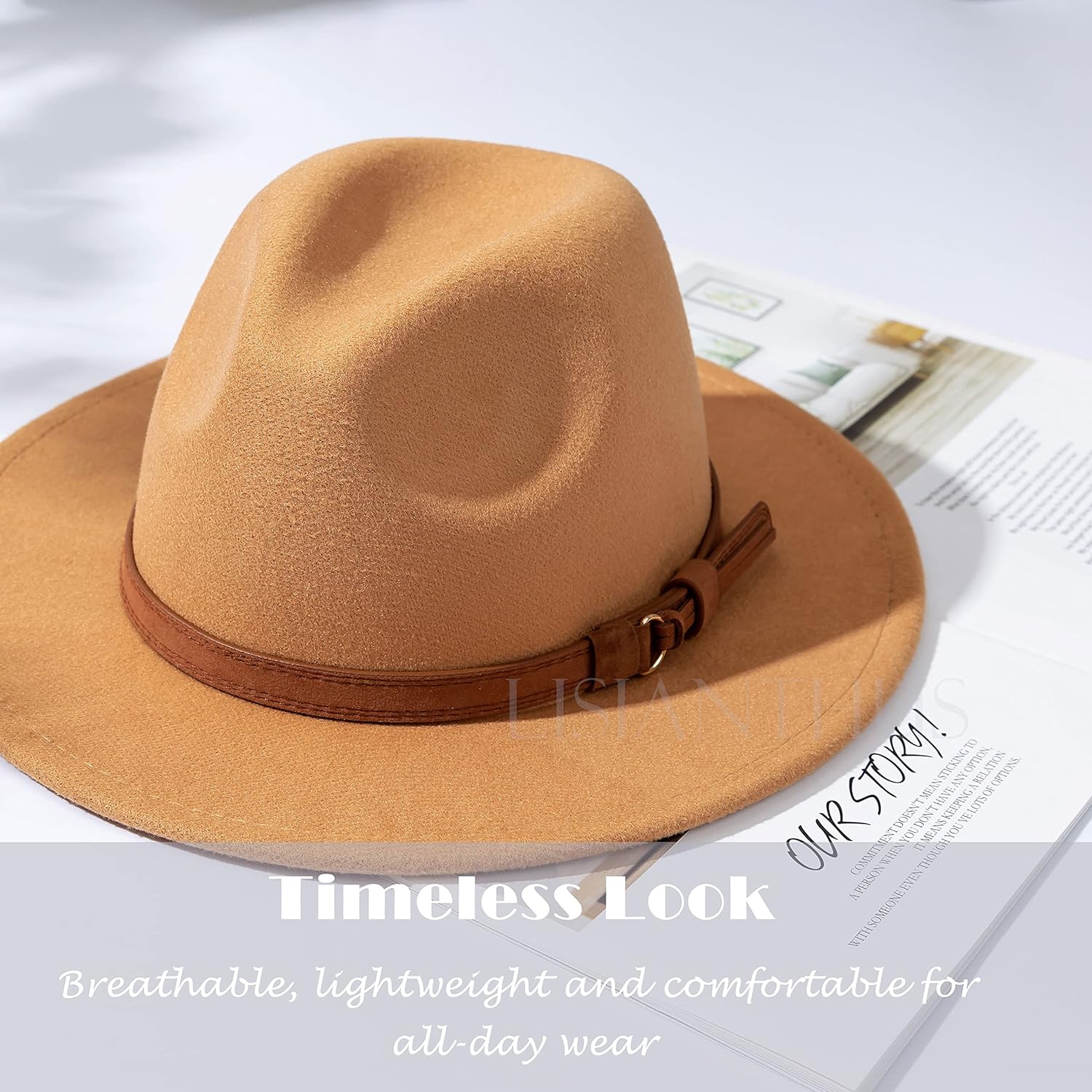 Lisianthus Men & Women Vintage Wide Brim Fedora Hat with Belt Buckle - Image 5