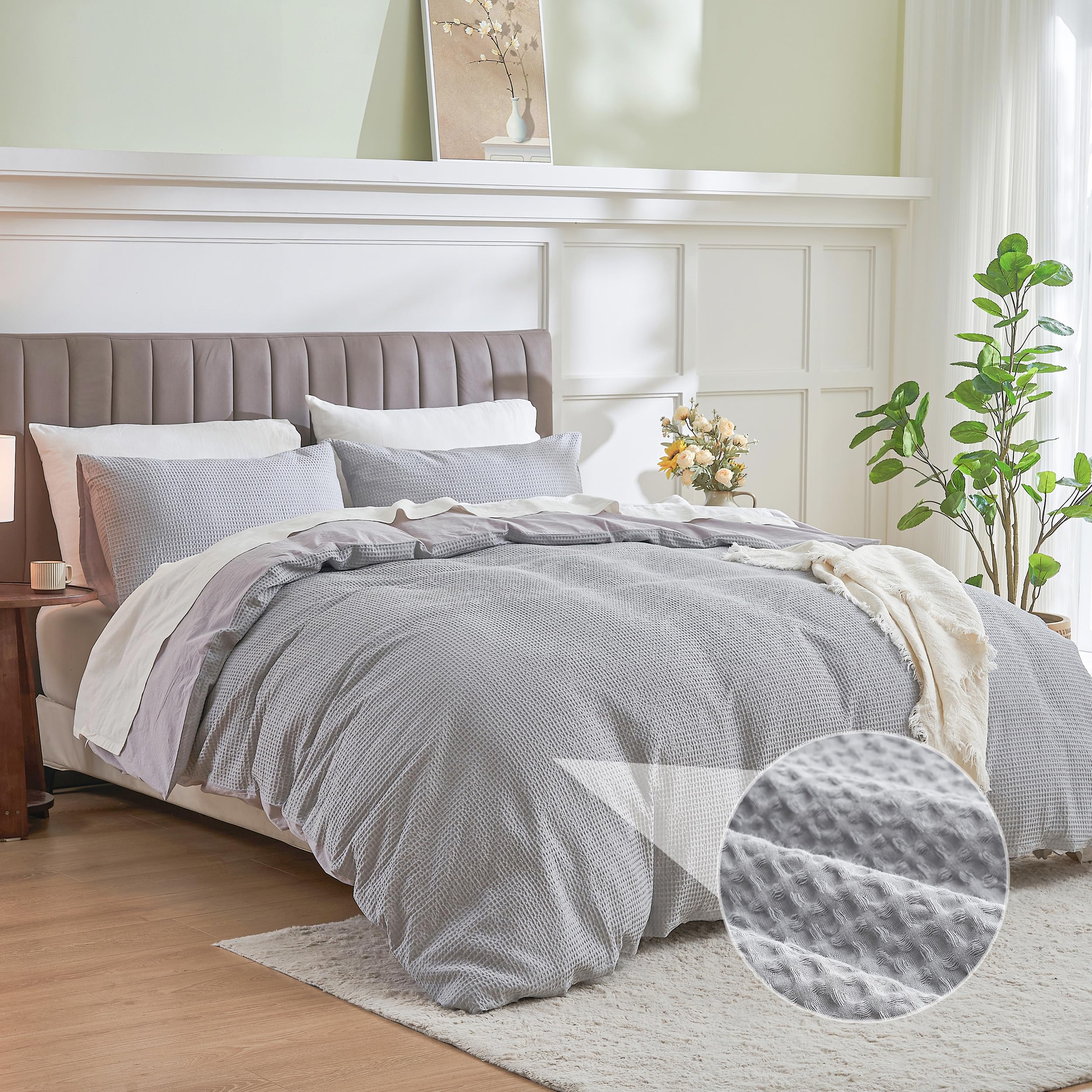 Simple&Opulence Waffle Duvet Cover Double Size, 100% Cotton Waffle Bedding with 2 Pillowcases